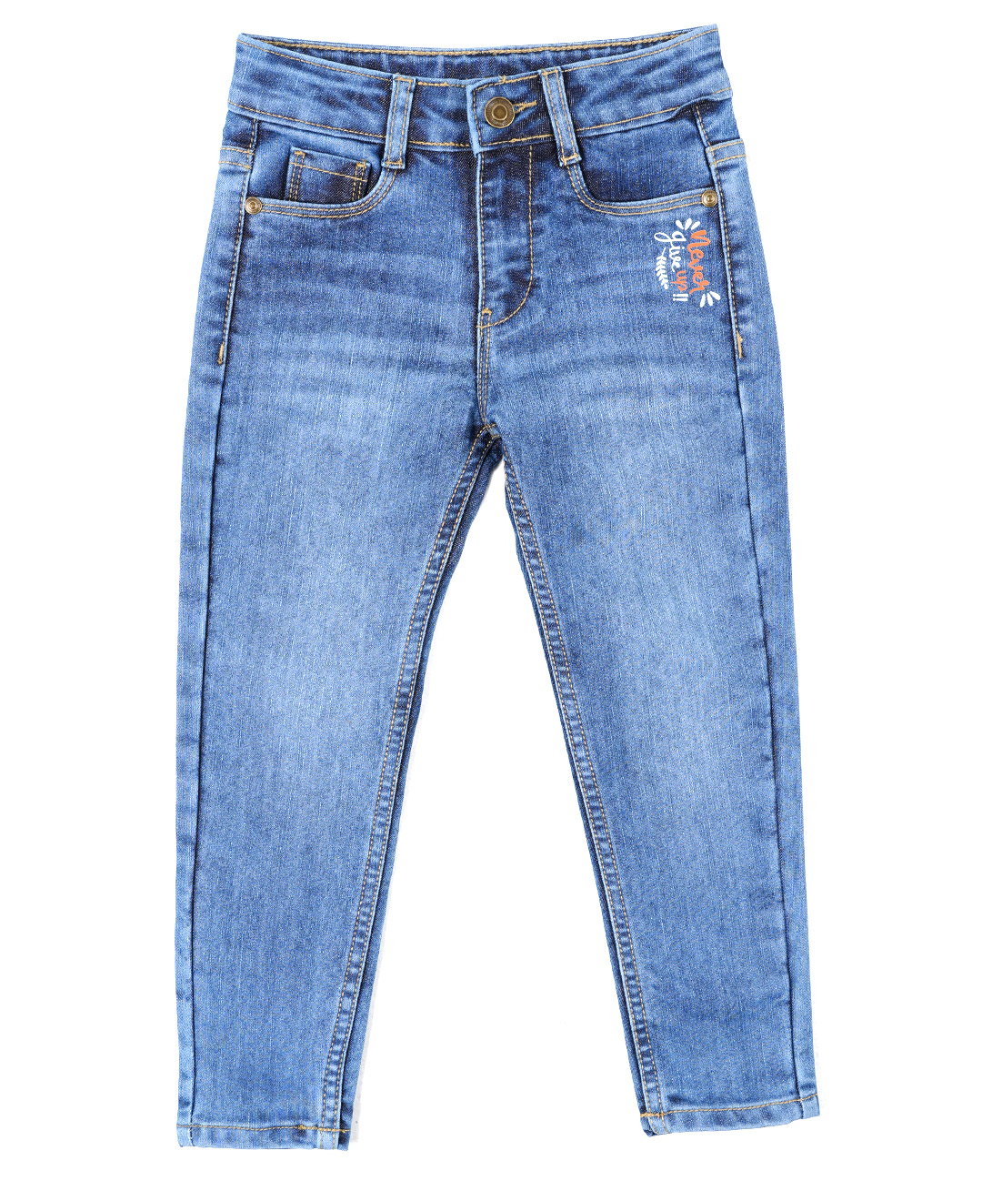 Under Fourteen Only Cotton Denim Never Give Up Text Embroidered & Mild Washed Jeans - Blue-picture-19
