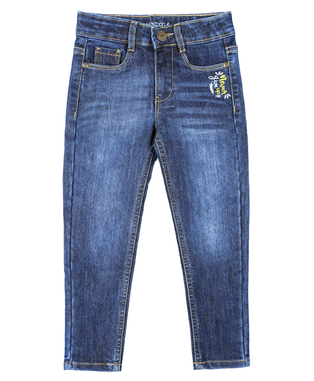 Under Fourteen Only Cotton Denim Never Give Up Text Embroidered & Mild Washed Jeans - Light Blue-picture-11