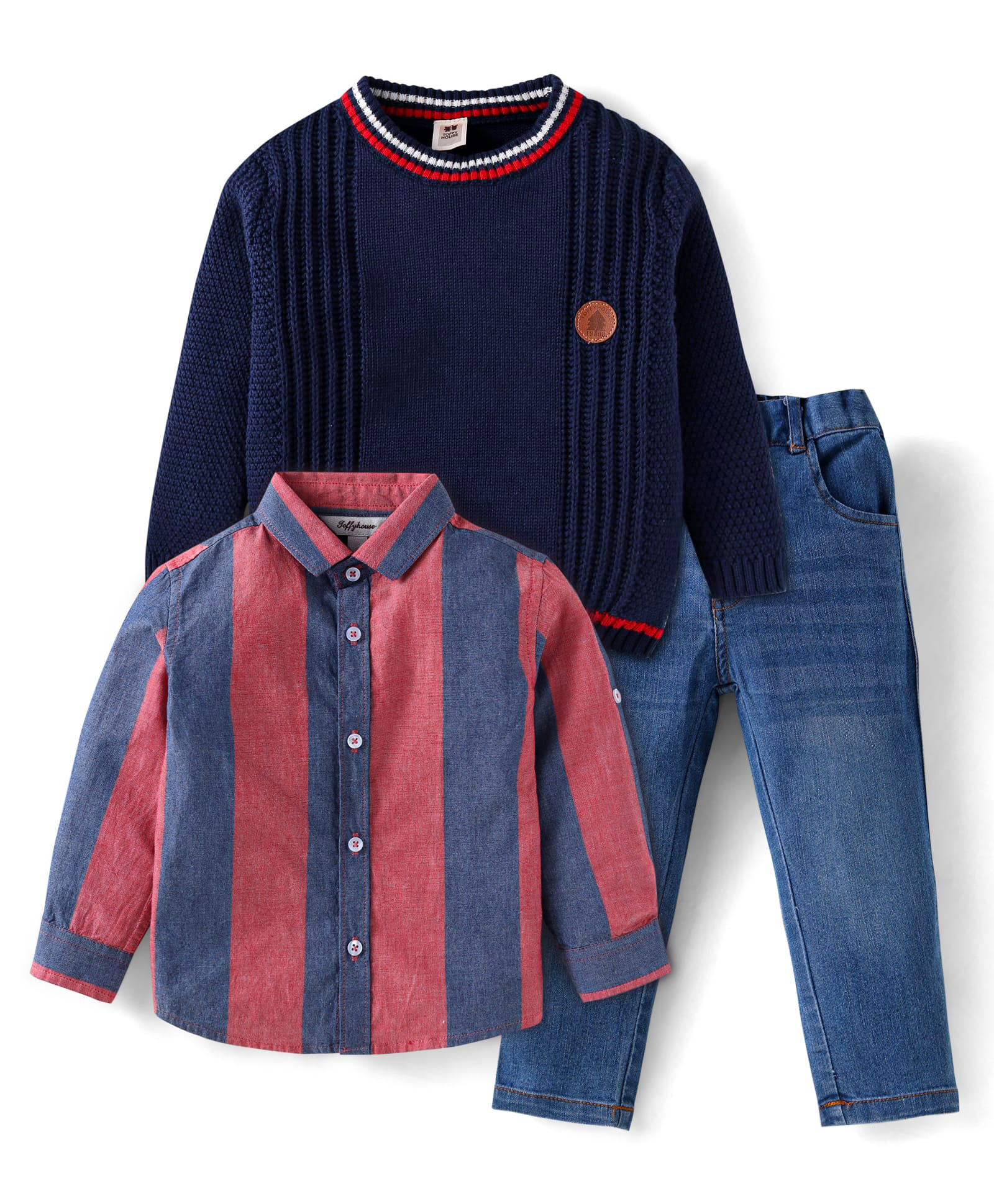 ToffyHouse Poplin Woven Full Sleeves Striped Shirt Sweater & Jeans Set - Blue & Red-image-49