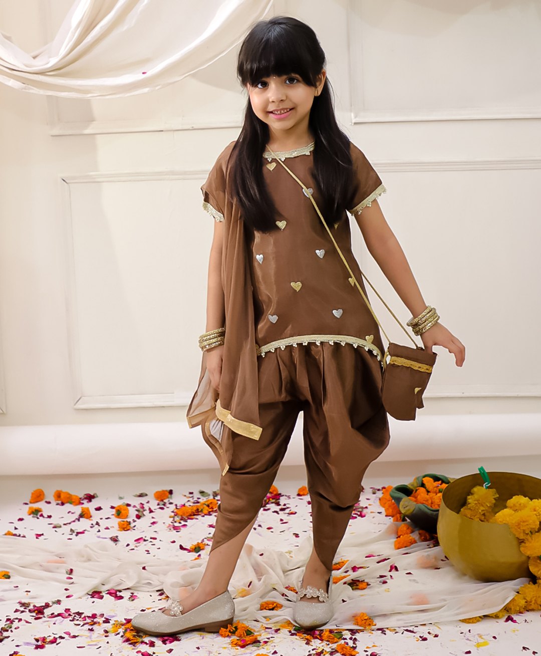 KID1 Silk Woven Half Sleeves Hearts Embroidered Dhoti Kurti With Dupatt & Sling Bag Set - Brown-picture-25
