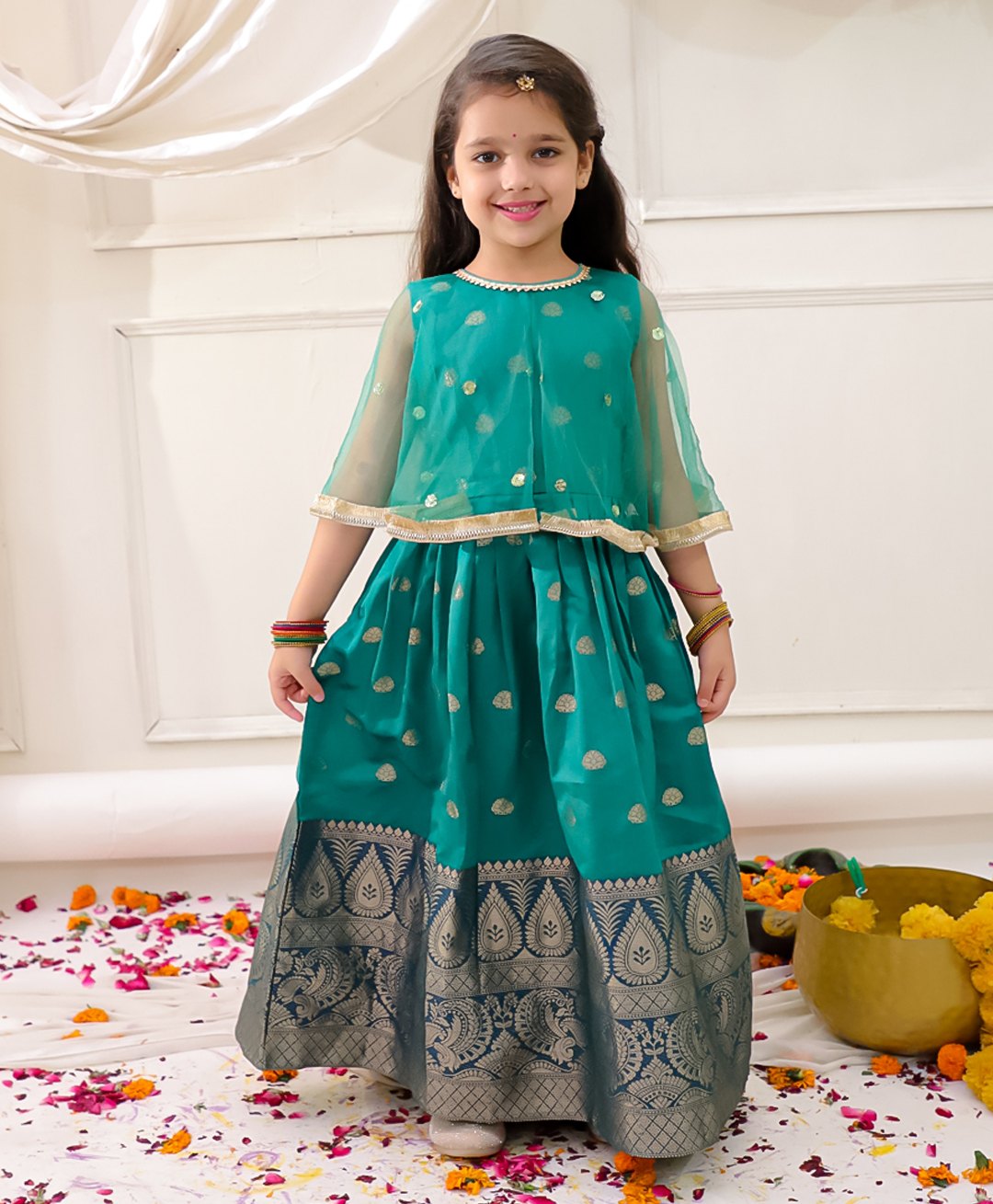 KID1 Brocade Woven Onam Theme Sleeveless Attached Cape Detailed Floral Foil Printed Pattu Gown - Green-picture-20