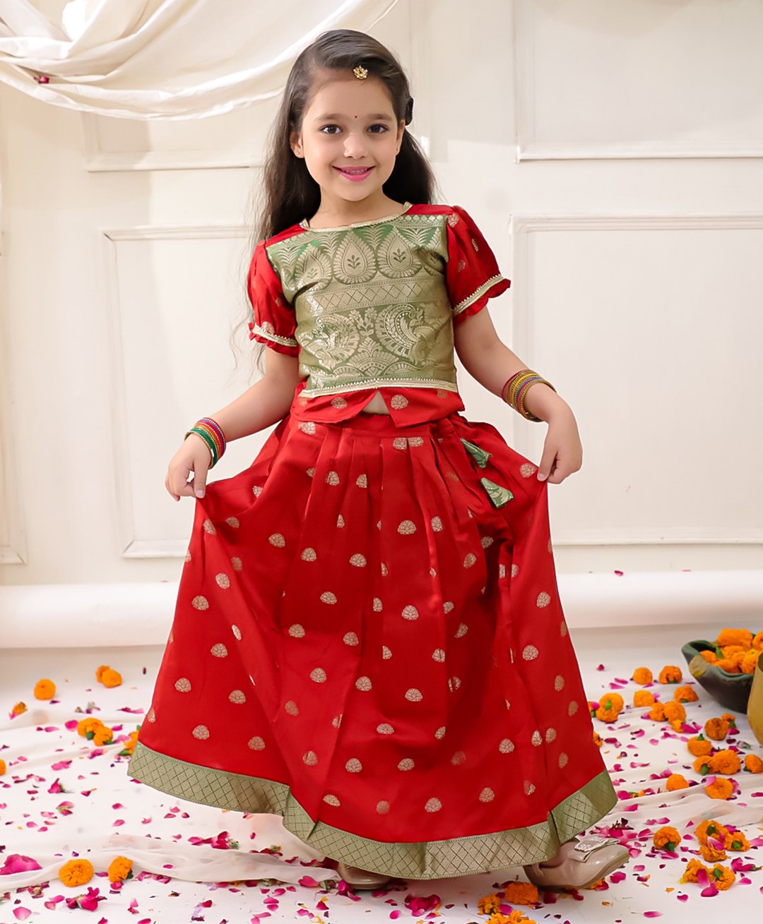 KID1 Brocade Woven Onam Theme Half Puffed Sleeves Floral Foil Printed & Gota Lace Embellished Pattu Pavadai Set - Red-picture-27