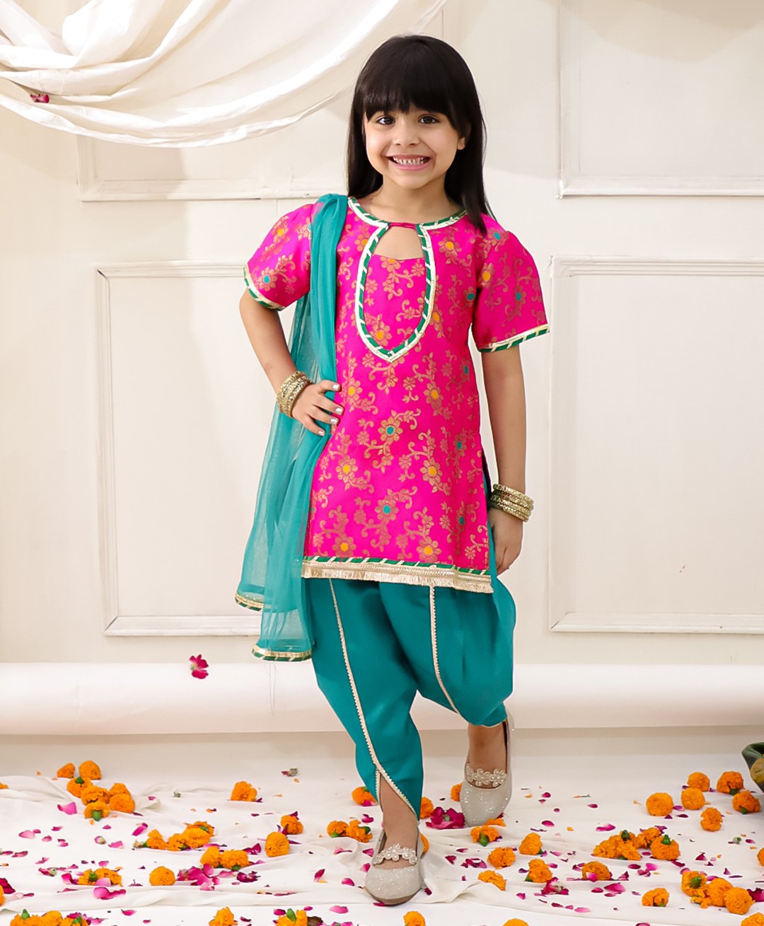 KID1 Brocade Woven Onam Theme Full Sleeves Floral Foil Printed Gota Lace Embellished Kurti Dhoti With Dupatta Set - Pink-picture-24