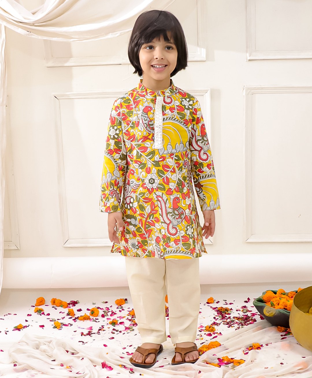 KID1 Cotton Woven Full Sleeves Madhubani Art Printed Kurta Pyjama Set - Yellow-picture-41