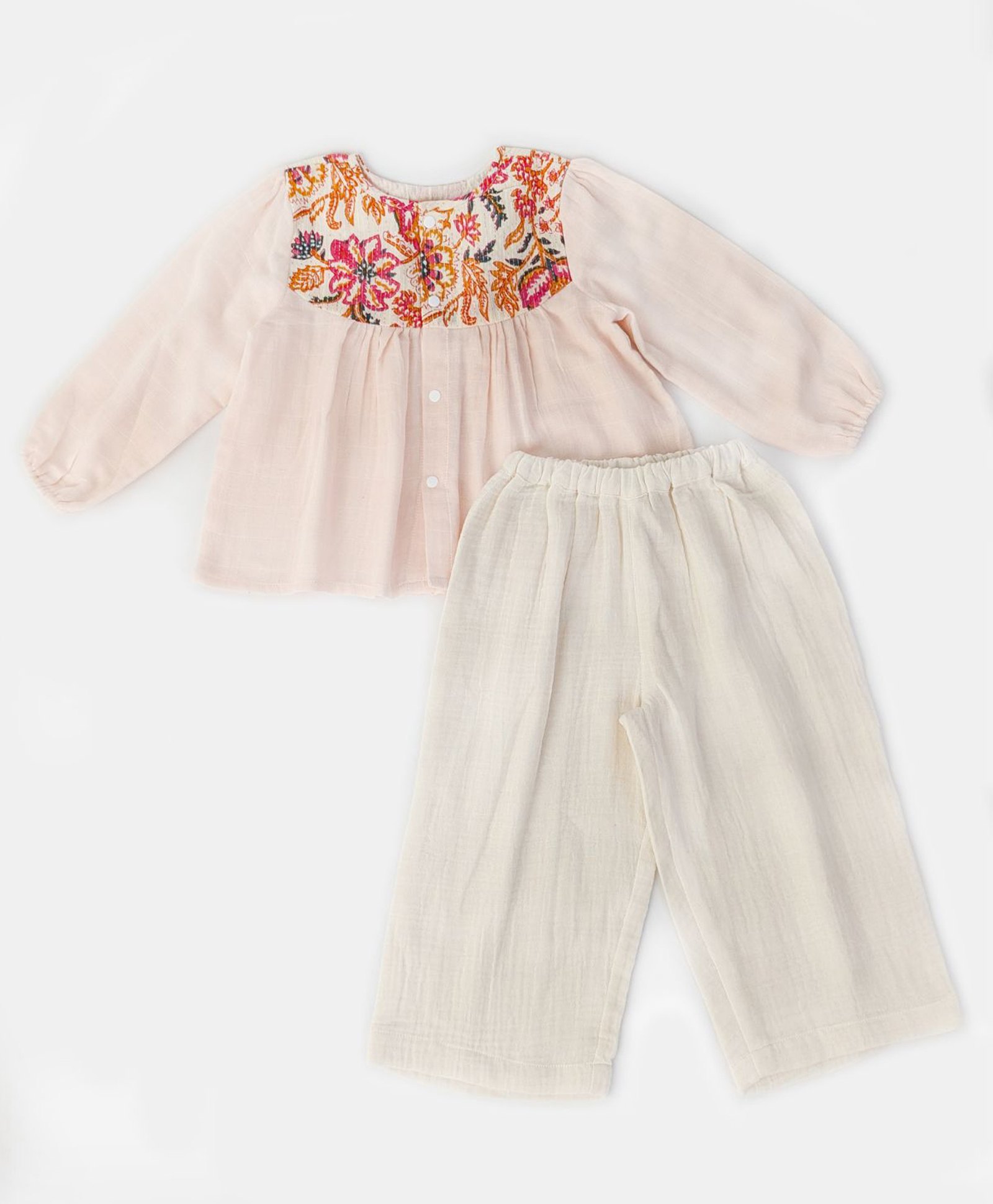 Halemons Muslin Woven Full Sleeves Floral Yoke Embroidered Top With Pant Set - Peach-image-49