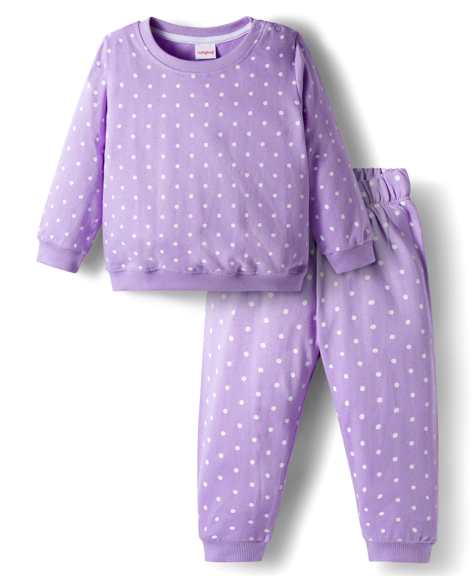 Babyhug Cotton Knit Full Sleeves Co-ords Night Suit With Polka Dot Print - Lavender-image-43