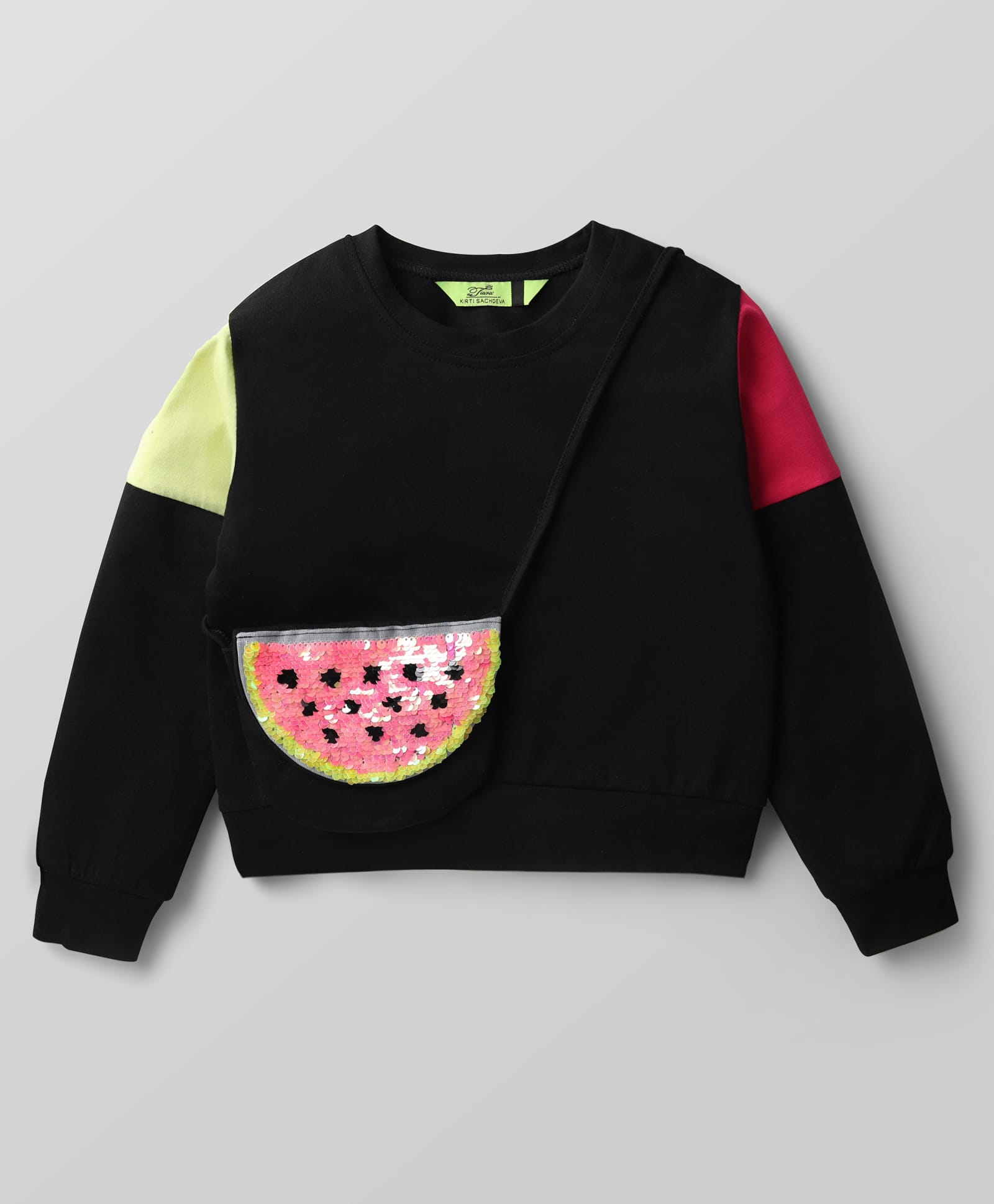 Tiara 100% Cotton Jersey Full Sleeves Colour Blocked Sweatshirt With Reversible Sequins Embellished Bag Set - Black-picture-11