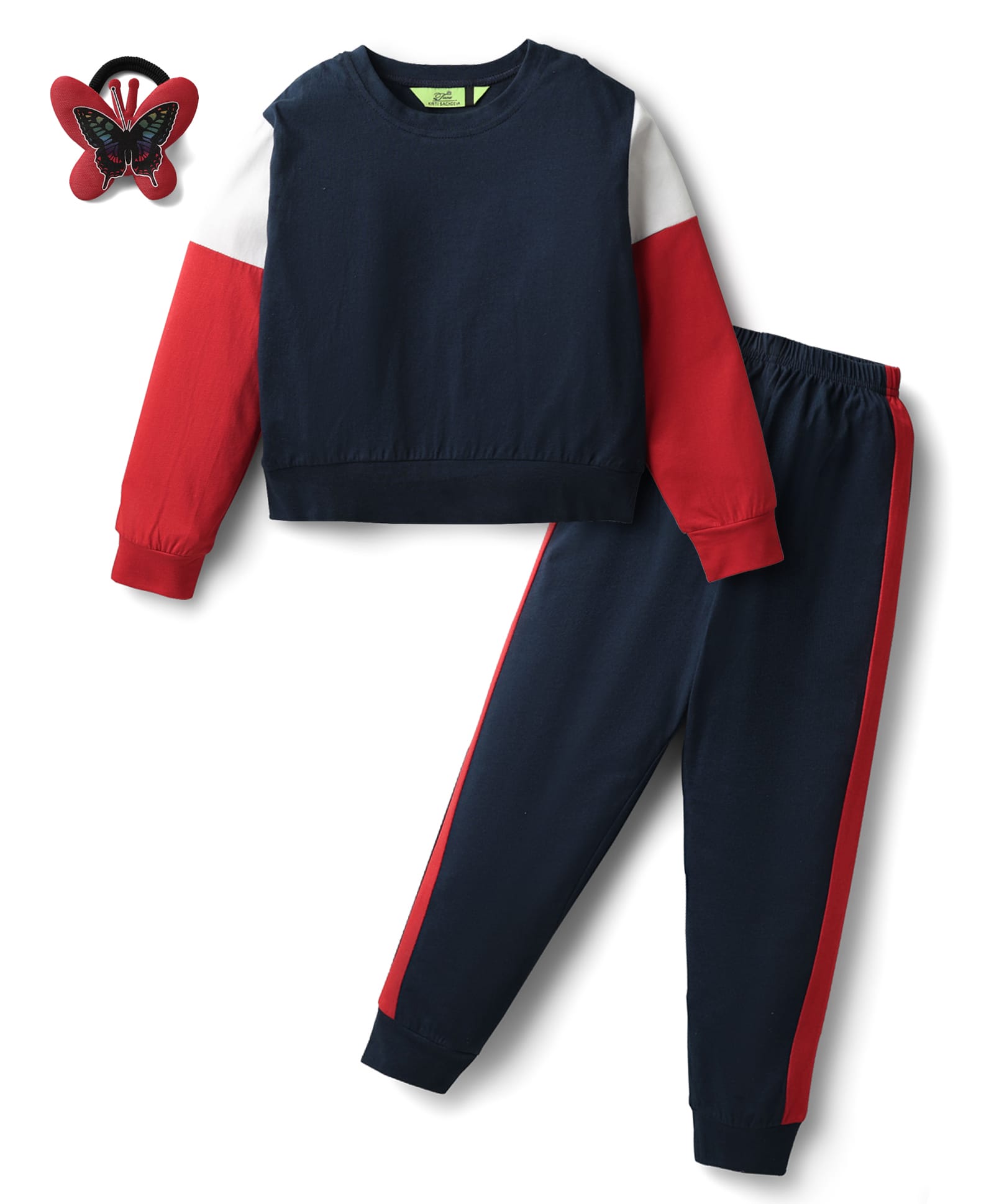 Tiara 100% Cotton Jersey Knit Full Sleeves Colour Blocked Sweatshirt & Joggers With Butterfly Hairband Set - Navy Blue-picture-34
