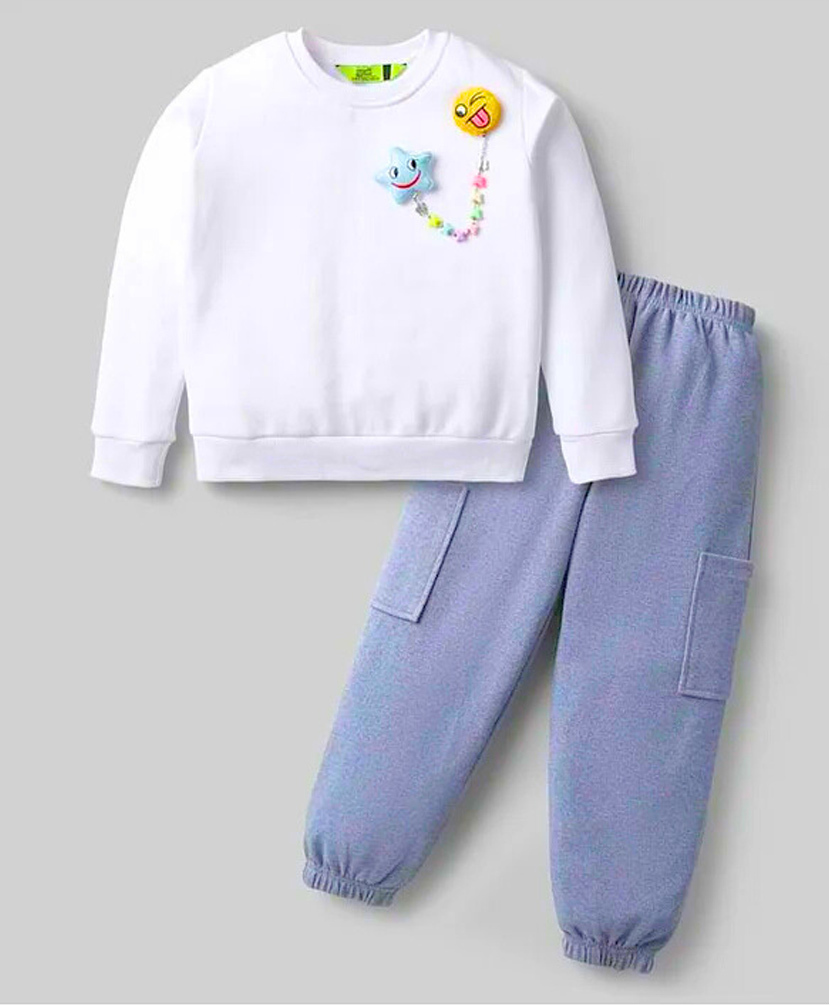 Tiara 100% Cotton Brushed Looper Knit Full Sleeves Smiley & Butterfly 3D Applique Detailed Sweatshirt With Joggers Set - White-picture-10