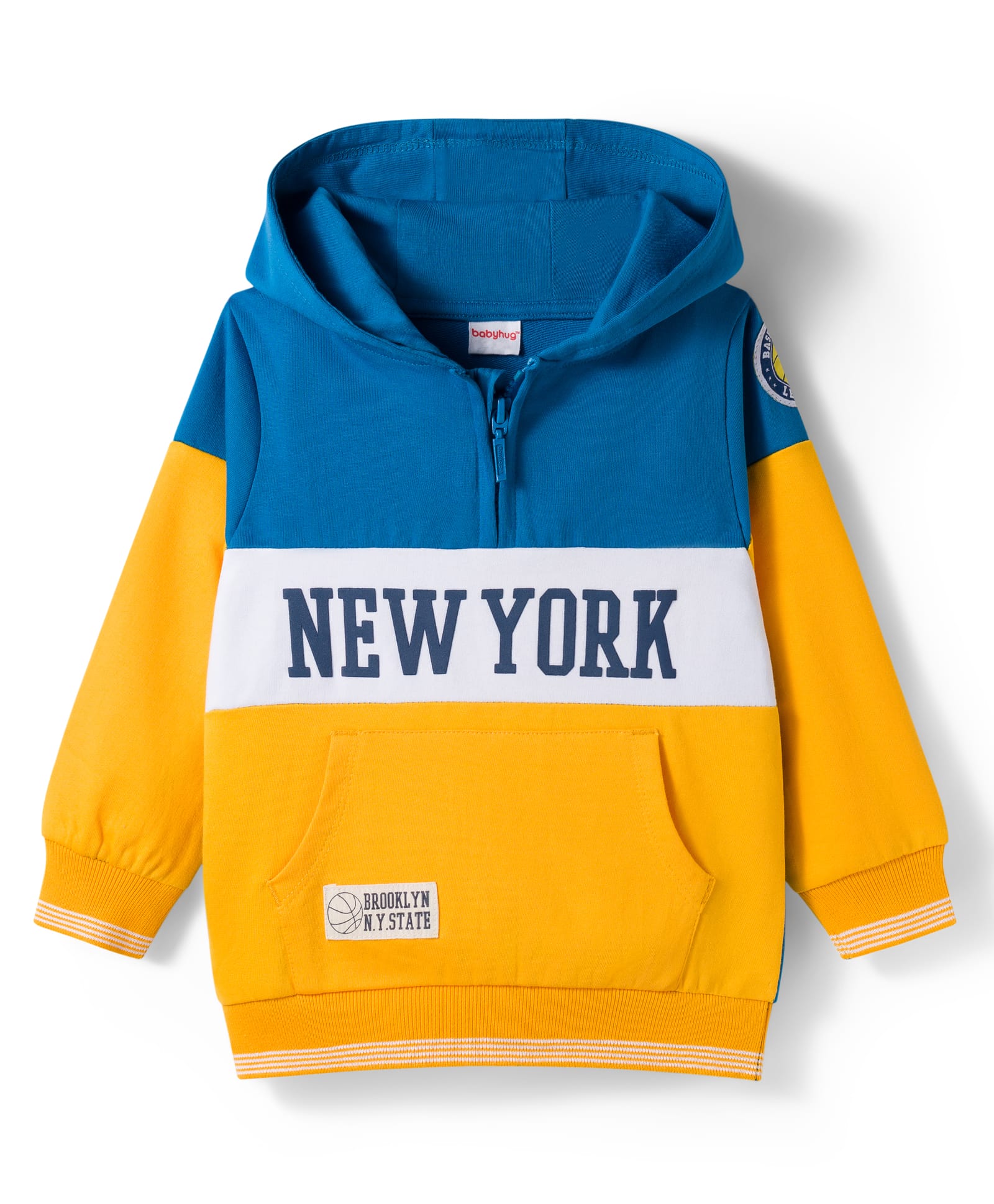Babyhug Cotton Knit Full Sleeves Cut & Sew Hooded Sweatshirt with Text Graphic & Kangaroo Pocket - Yellow & Blue-image-14