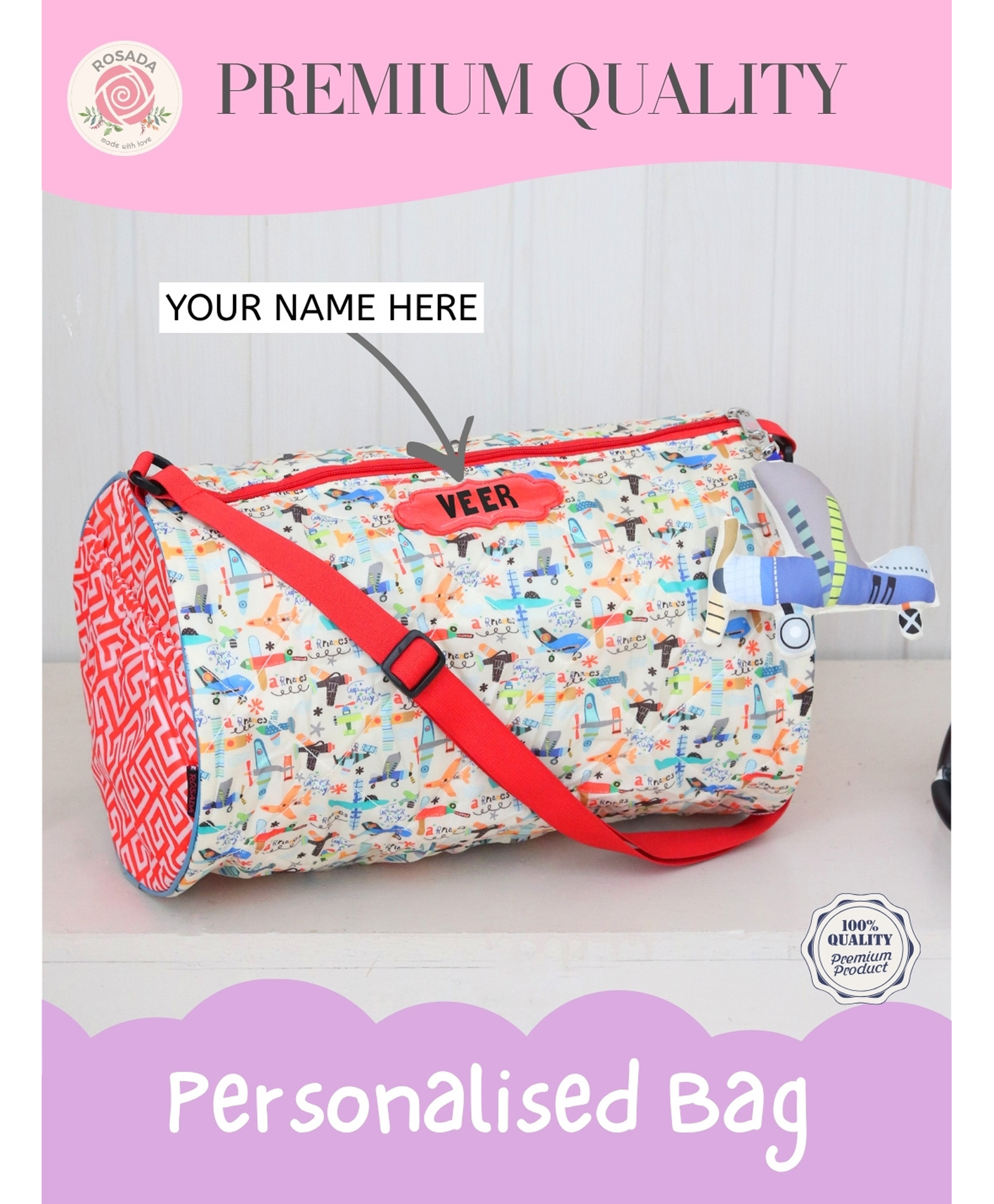 Rosada Aeroplane Kids Duffle Bag Multipurpose Swimming Sports and Travel, Lightweight Sling Shoulder Strap with Toy Hanging - 15 Inches - White-image-30
