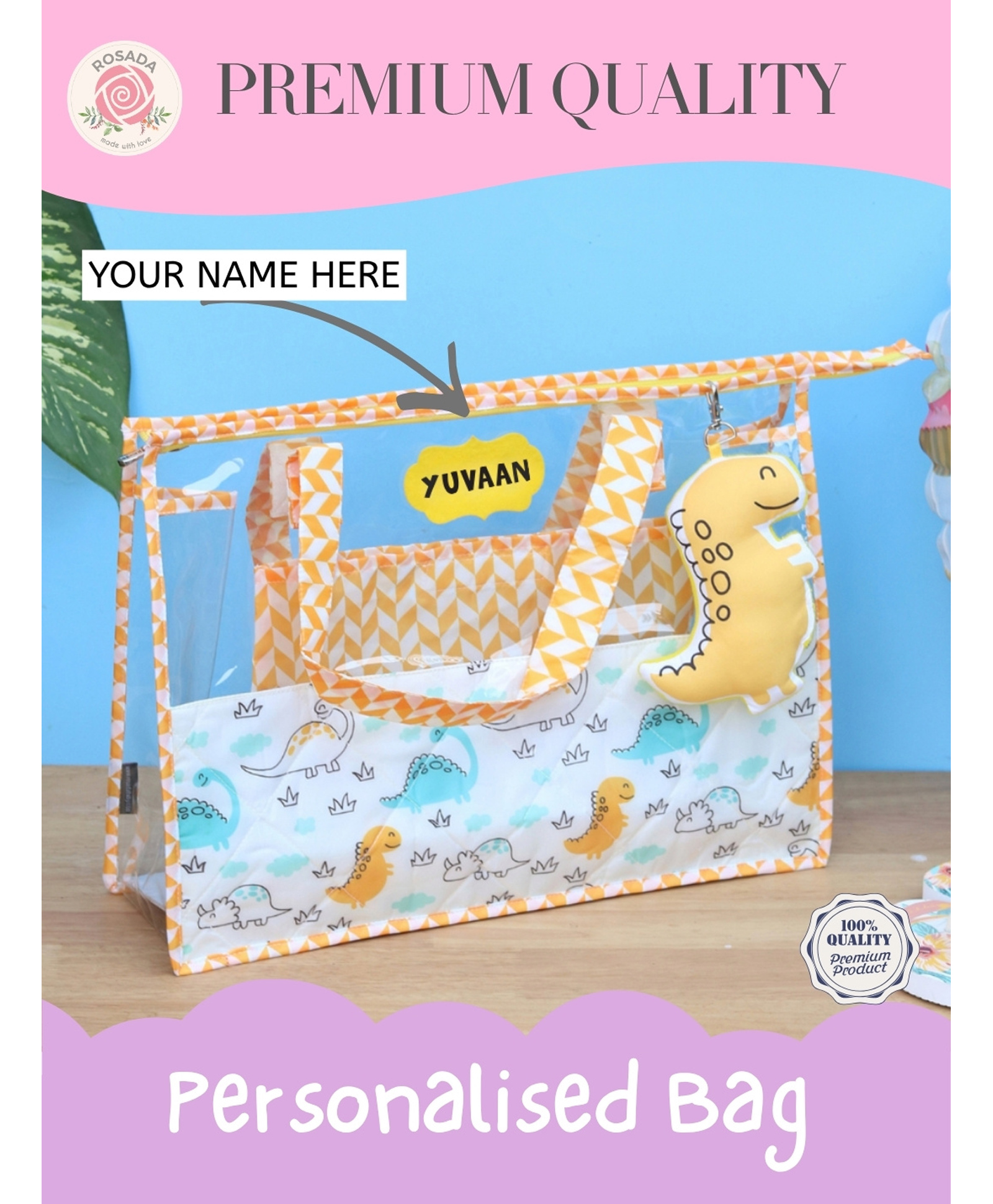 Rosada Dinosaur DIY Personalised Swimming Bag with Name Kit , Waterproof Transparent Multipurpose Kids Hand Bag for Beach, Travel & Activities (16 Inches)-image-1