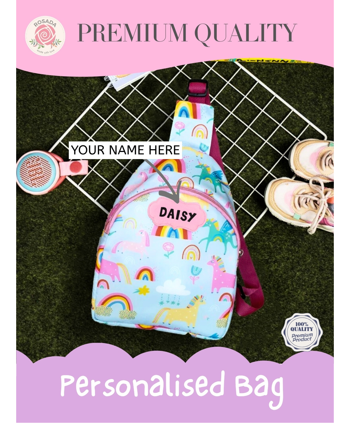 Rosada 12 Inches Unicorn DIY Personalised Kids Front Sling Bag with Alphabet Name Kit Water Resistant Crossbody Travel Bag - Blue-image-19