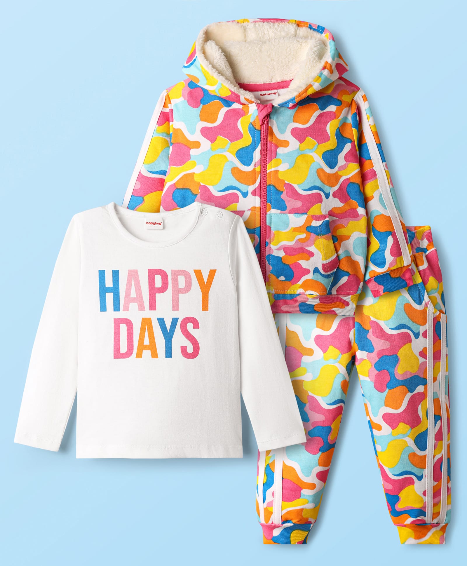 Babyhug Terry Knit Full Sleeves Co-ords Hooded Sweatshirt & Lounge Pant Set with Inner Tee & Camouflage - Multicolor-image-22