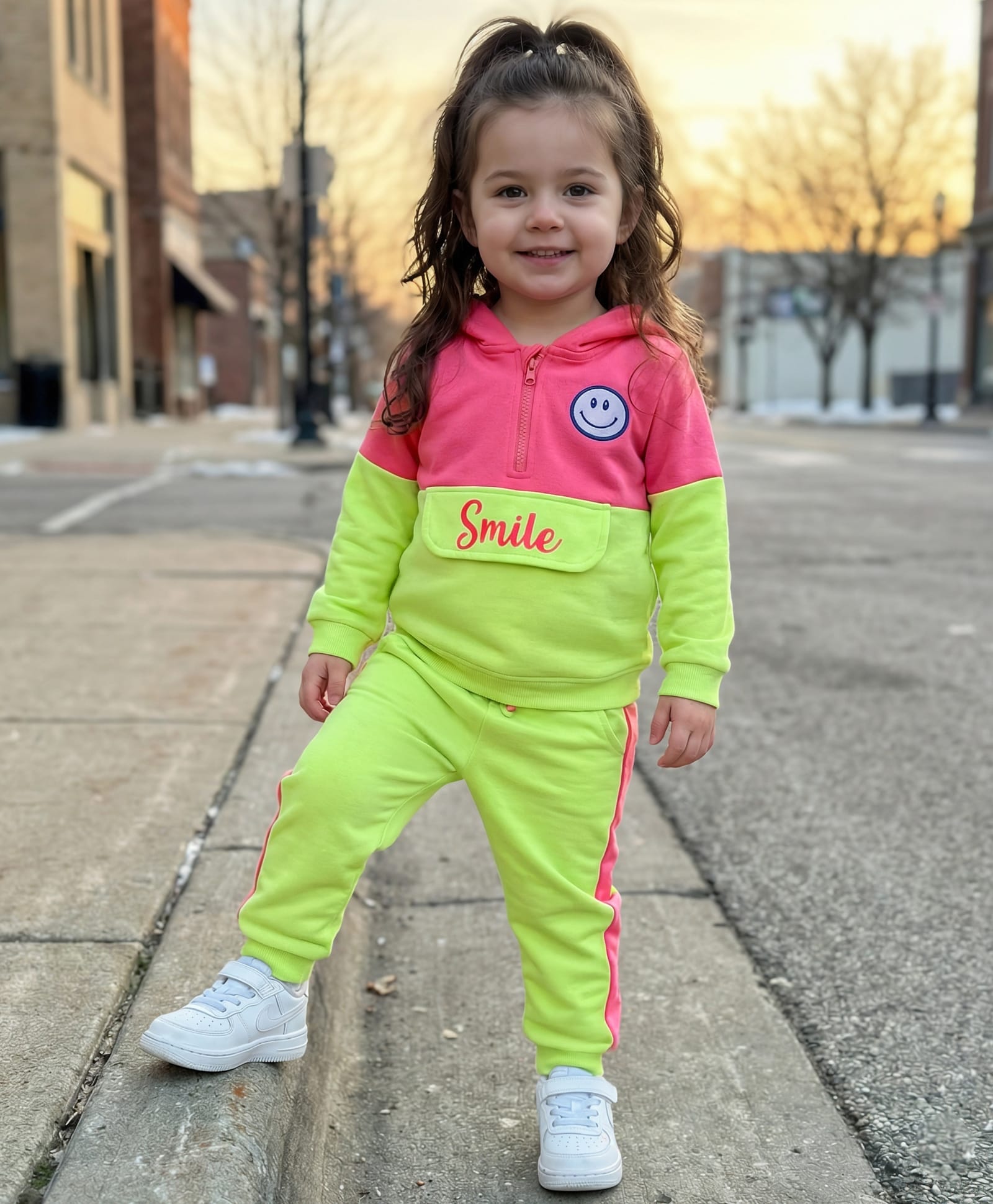 Babyhug Terry Knit Full Length Hooded T-Shirt and Joggers with Smiley Print - Neon Green & Pink-image-8
