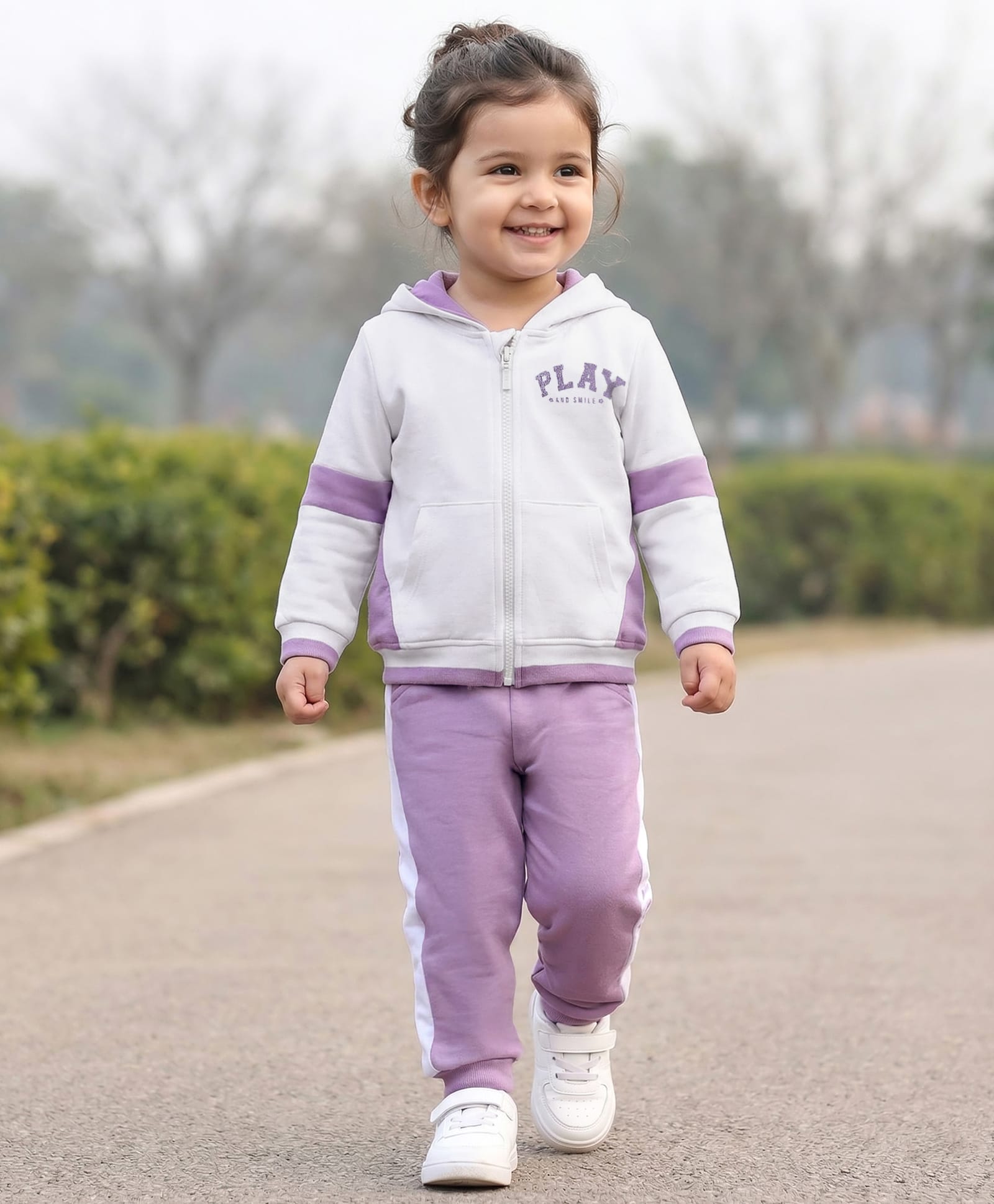 Babyhug Terry Knit Full Sleeves Hooded Cut & Sew T-Shirt & Lounge Pant Set with Text Graphic - Purple & White-image-15