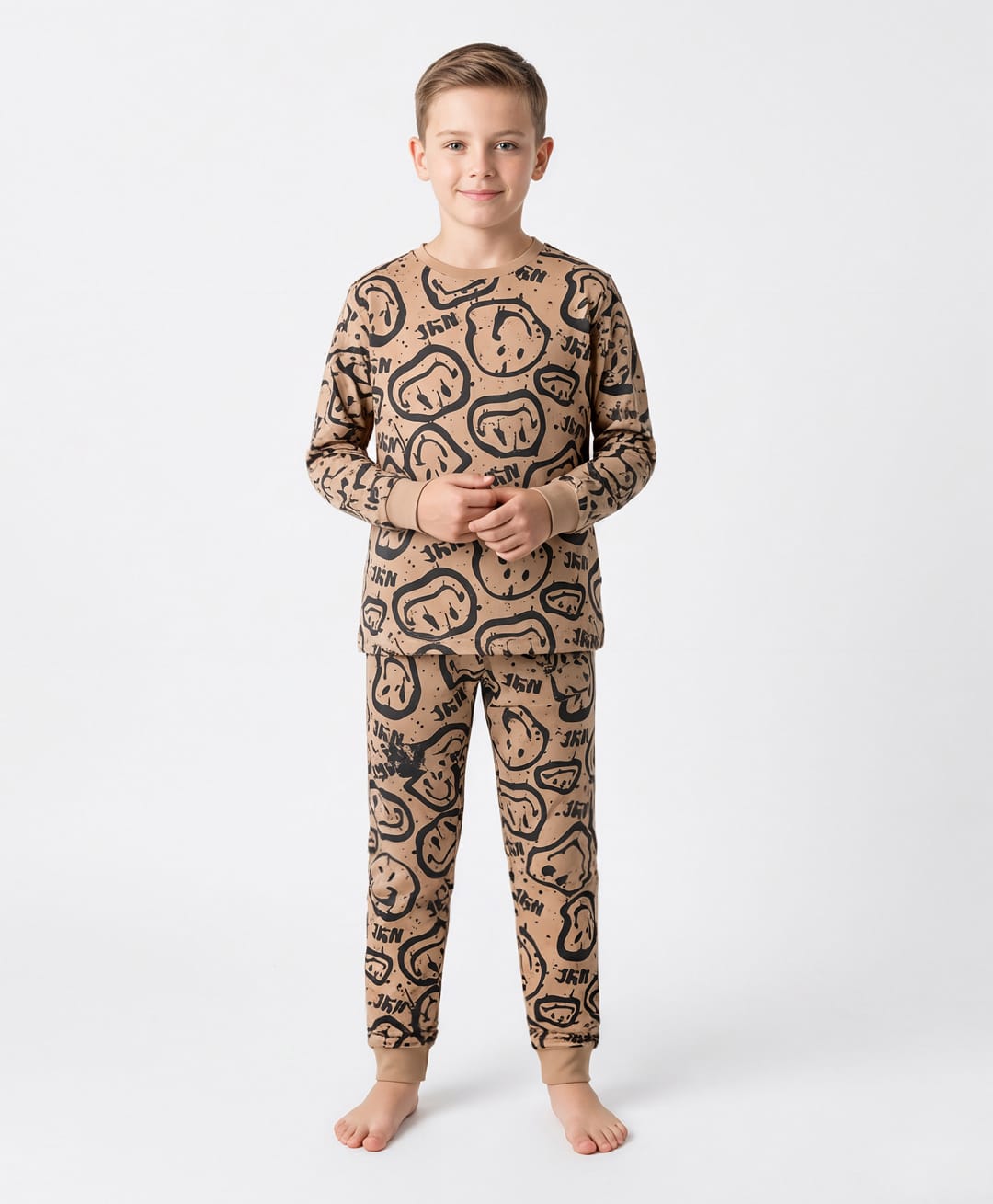 Primo Gino 100% Cotton Knit Full Sleeves Co-ords Night Suit With Smiley Print - Brown