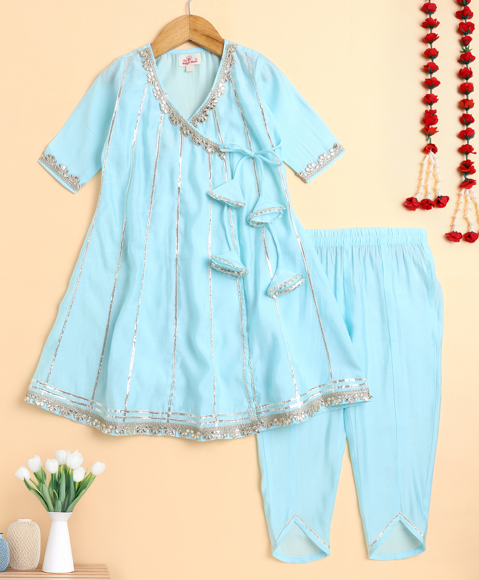 The Magic Wand Woven Half Sleeves Gota Lace Embellished Kurti Dhoti Set - Blue-picture-15