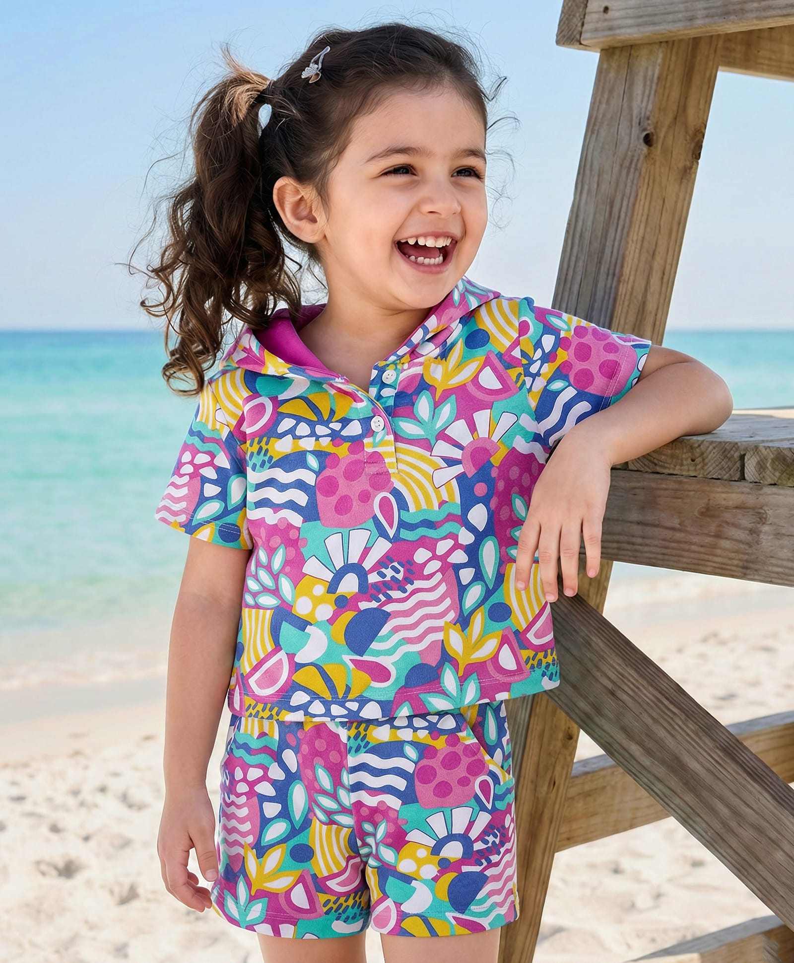 Babyhug Terry Knit Half Sleeves Co-ords Hooded Sweatshirt & Shorts Set with Tropical Theme Print - Multicolor-image-29