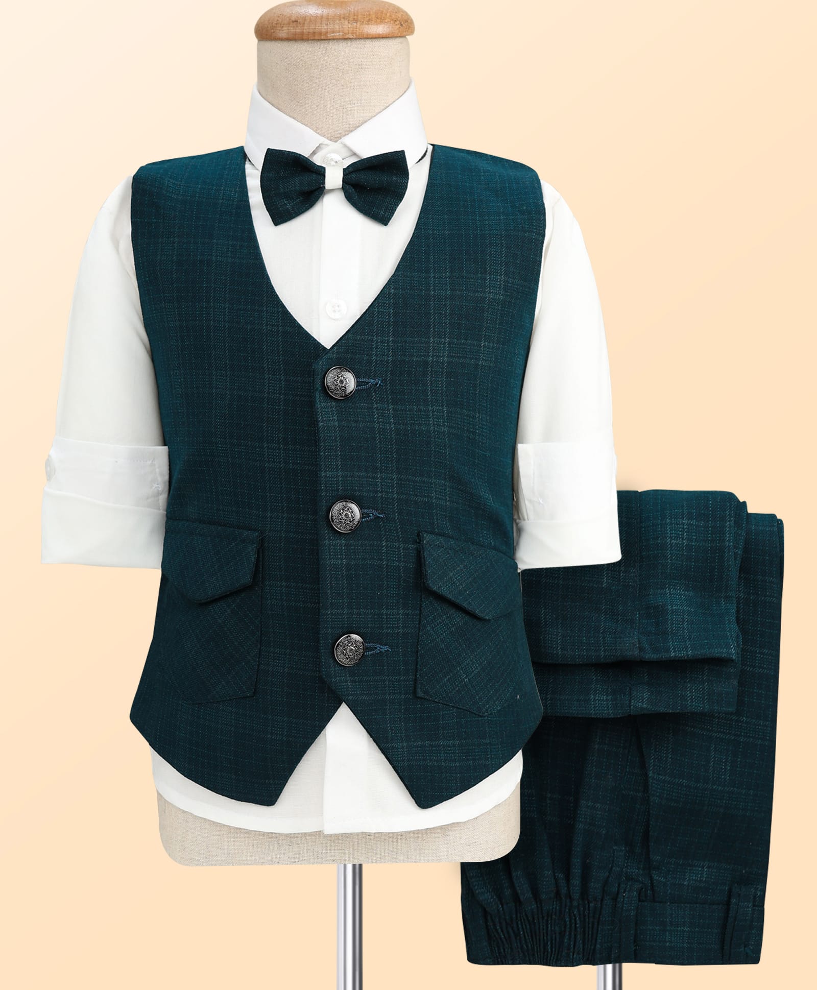Rikidoos Full Sleeves Checked 3 Piece Party Suit With Bow Set - White & Peacock-picture-13