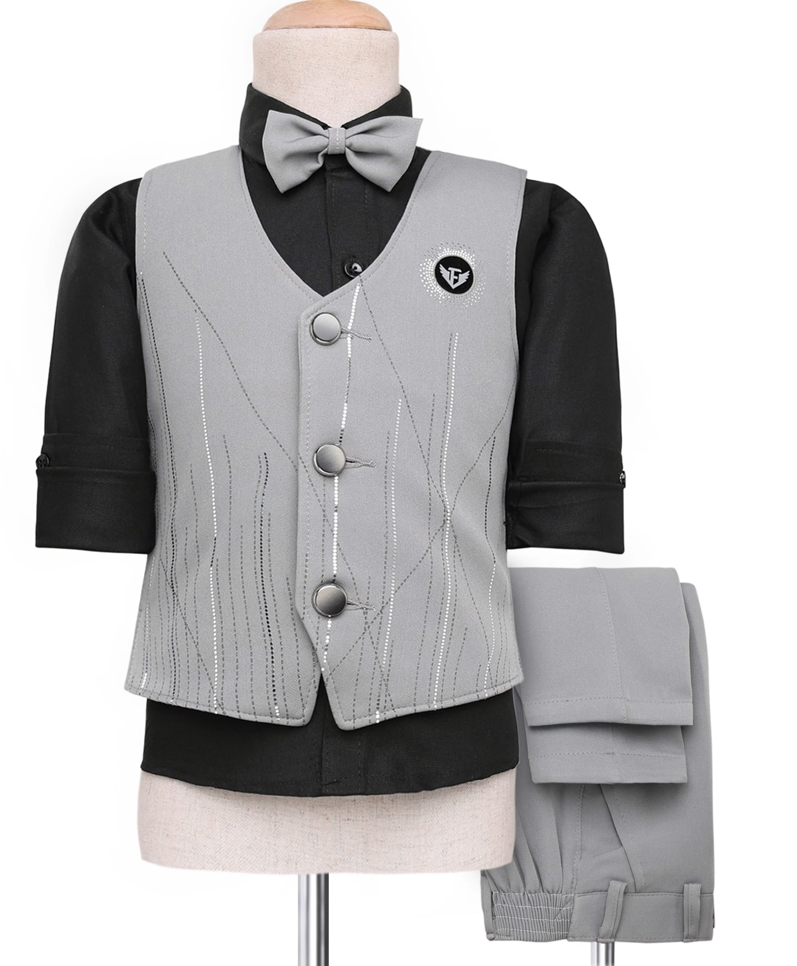 Rikidoos Full Sleeves Abstract Printed 3 Piece Party Suit With Bow Set - Black & Grey-picture-34