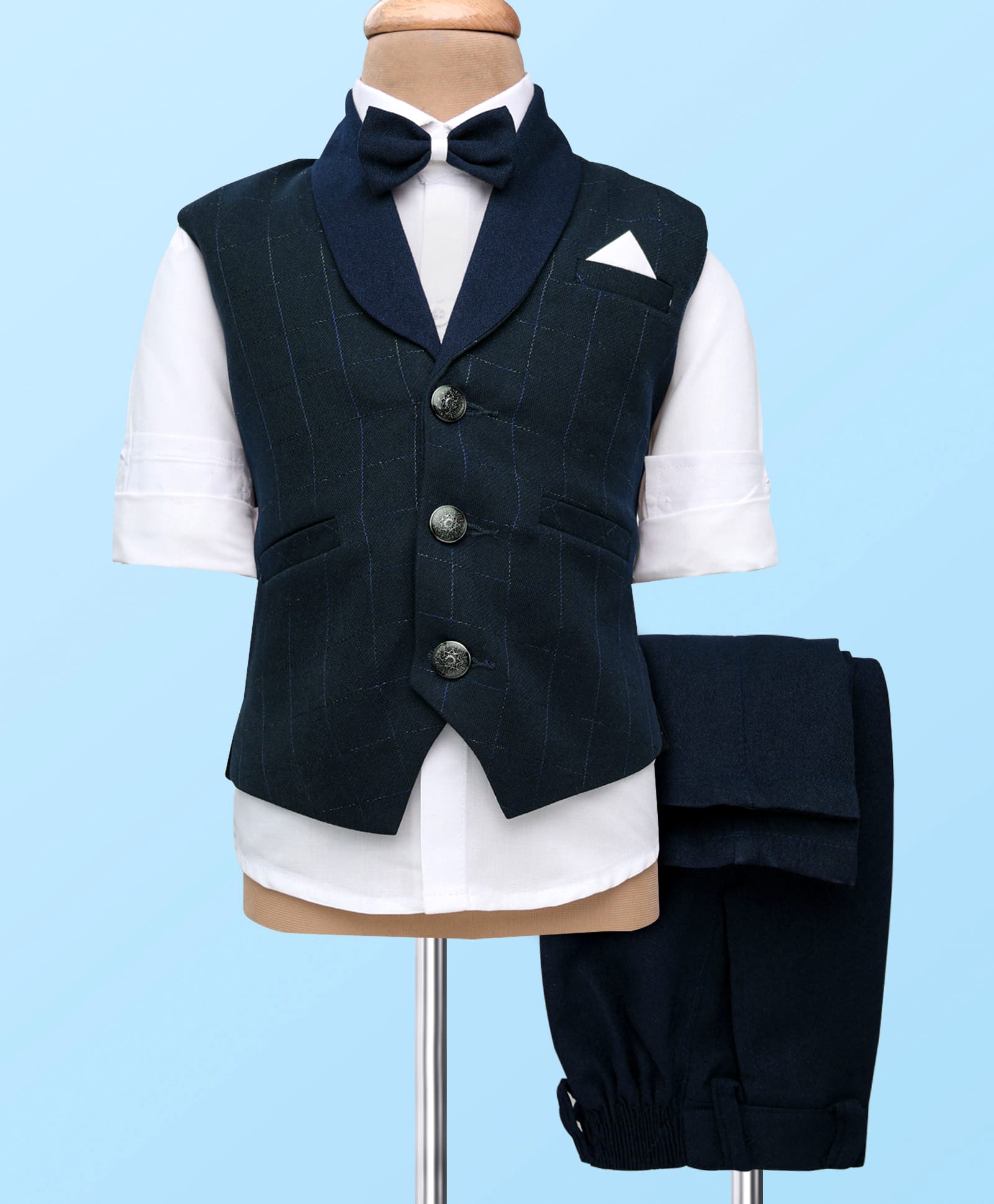 Rikidoos Full Sleeves Checked 3 Piece Party Suit With Bow Set - White & Peacock-image-38