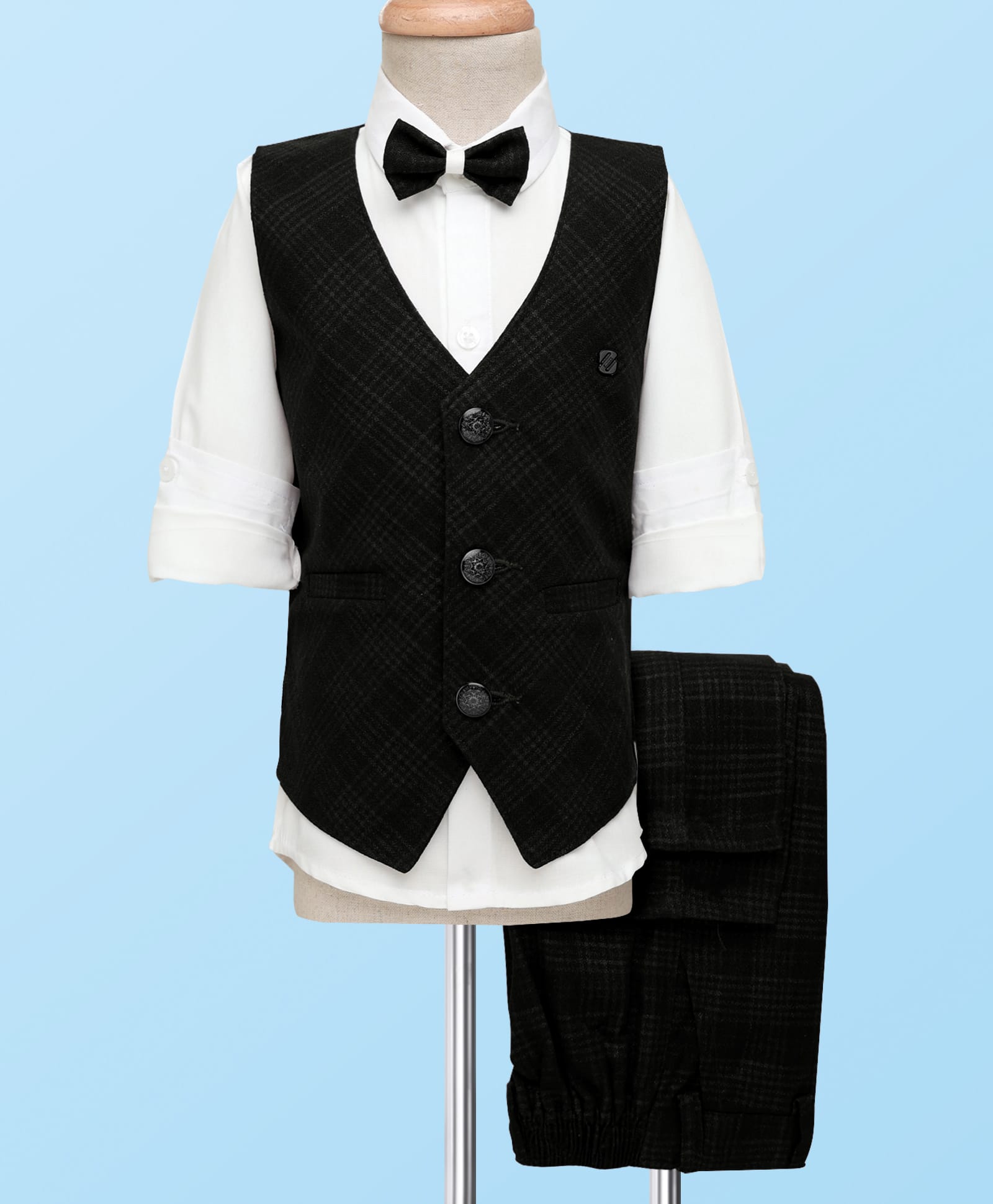 Rikidoos Full Sleeves Checked 3 Piece Party Suit With Bow Set - White & Black-image-11