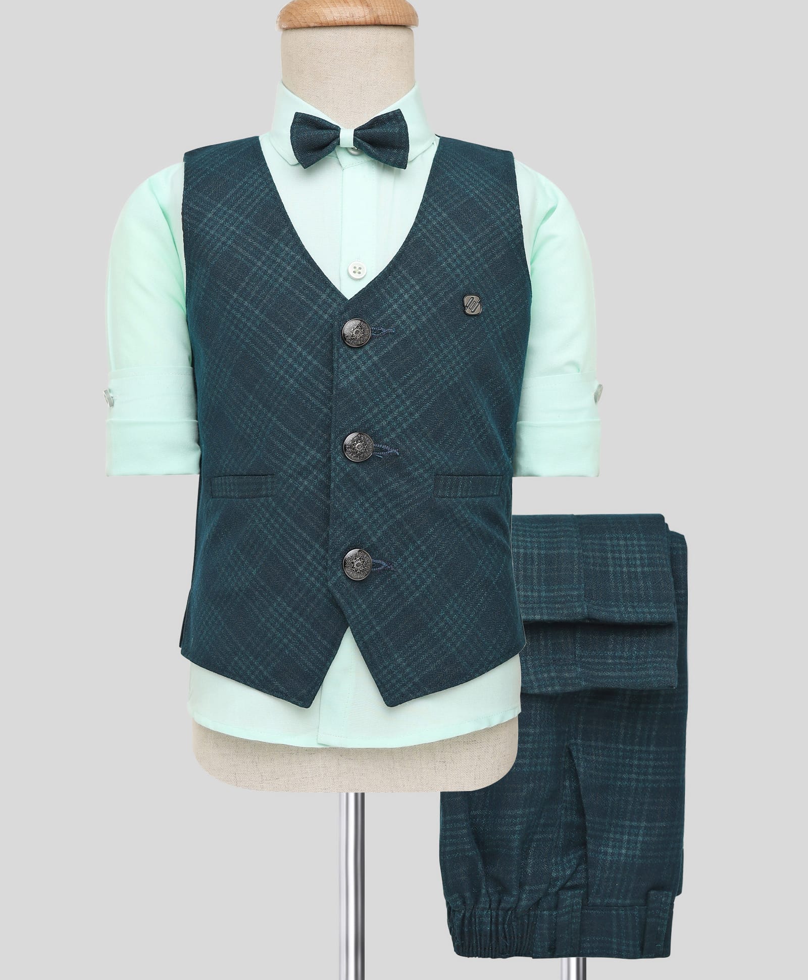 Rikidoos Full Sleeves Checked 3 Piece Party Suit With Bow Set - Peacock & Pista-picture-43