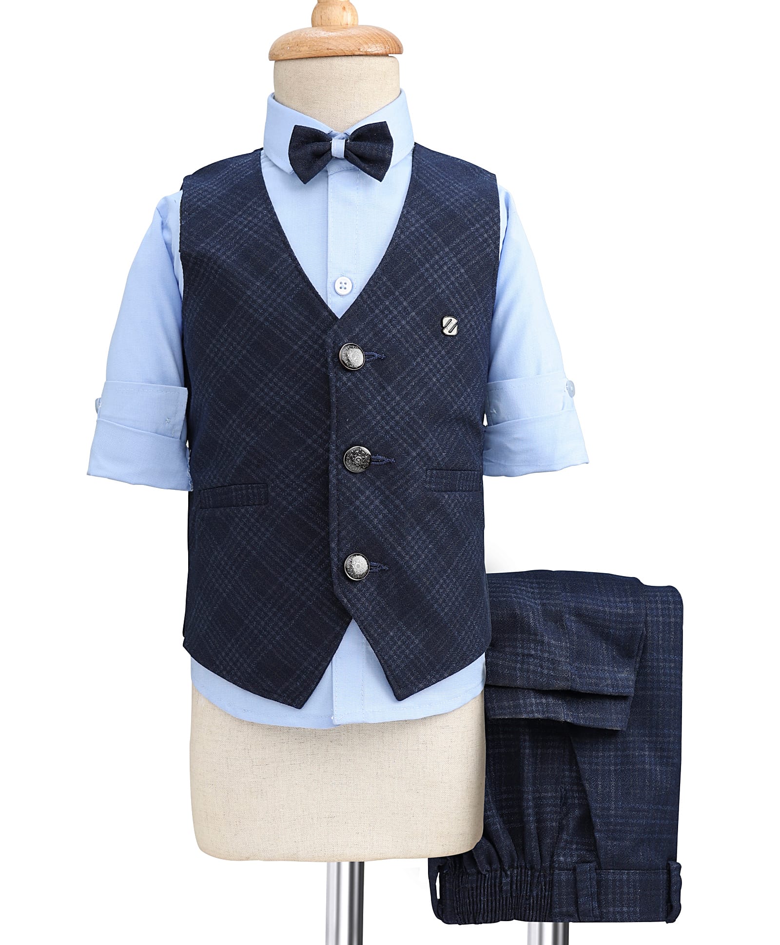 Rikidoos Full Sleeves Checked 3 Piece Party Suit With Bow Set - Navy & Light Blue-image-42