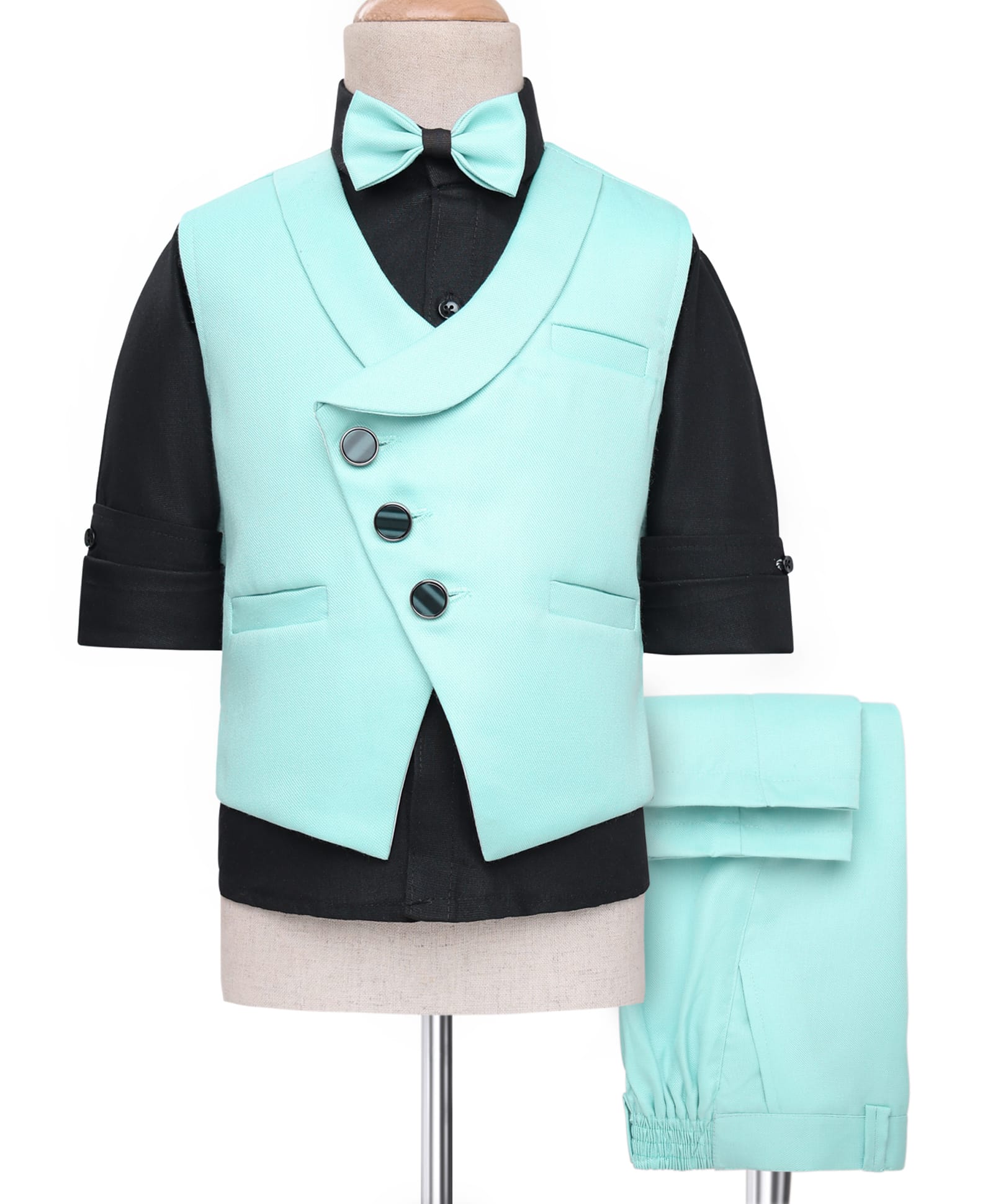 Rikidoos Full Sleeves Textured 3 Piece Party Suit With Bow Set - Black & Mint Green-picture-13