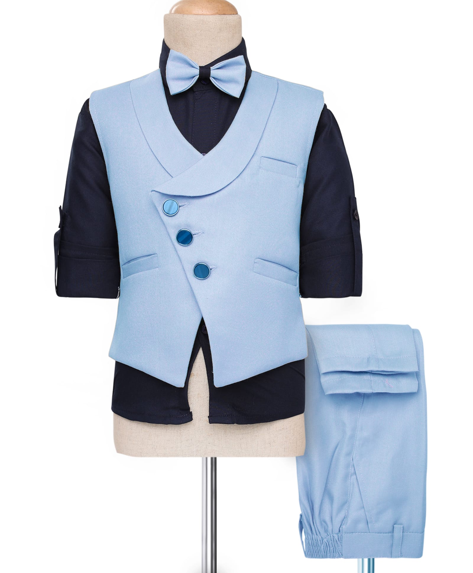 Rikidoos Full Sleeves Textured 3 Piece Party Suit With Bow Set - Navy & Light Blue-picture-35