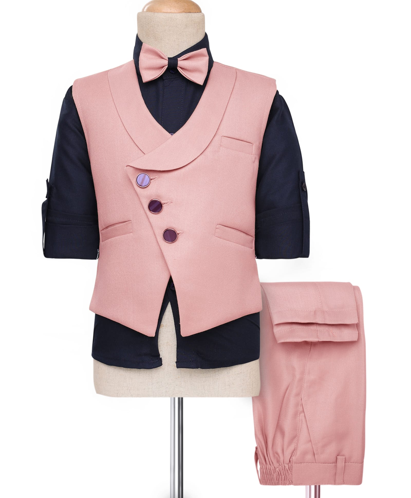 Rikidoos Full Sleeves Textured 3 Piece Party Suit With Bow Set - Navy Blue & Peach-picture-15
