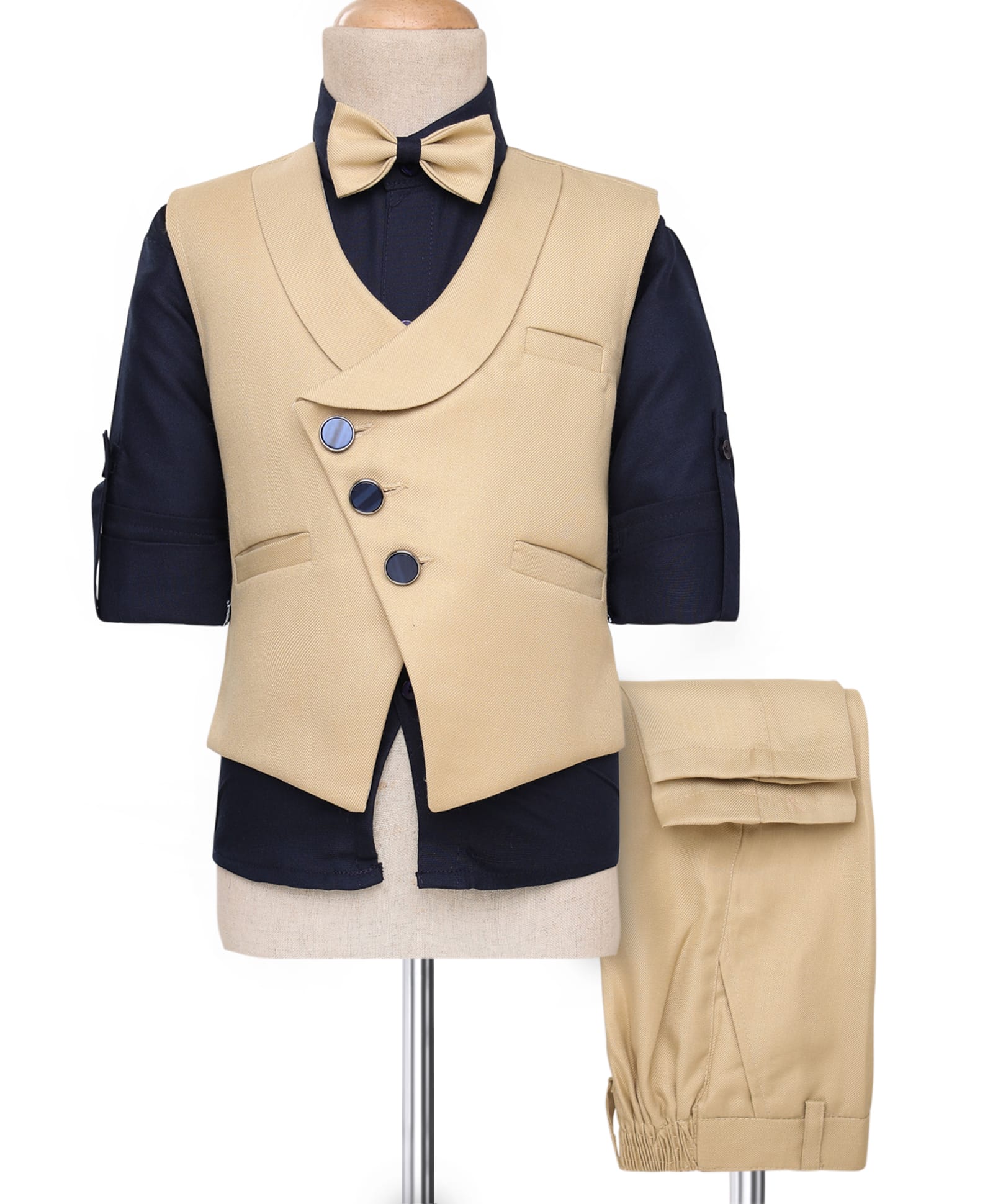 Rikidoos Full Sleeves Solid 3 Piece Party Suit With Bow Set - Navy Blue & Fawn-picture-31