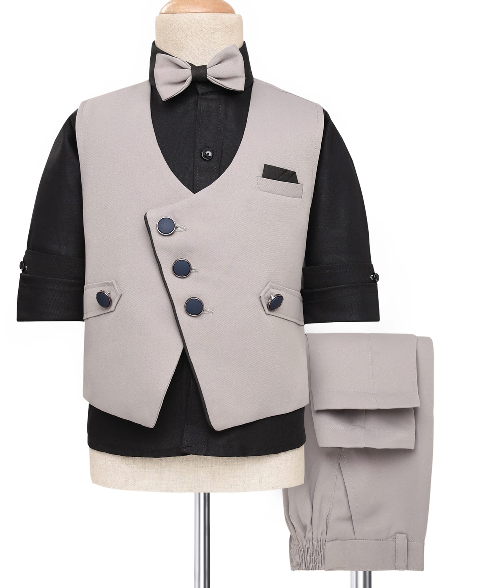 Rikidoos Full Sleeves Solid 3 Piece Party Suit With Bow Set - Black & Grey-picture-19