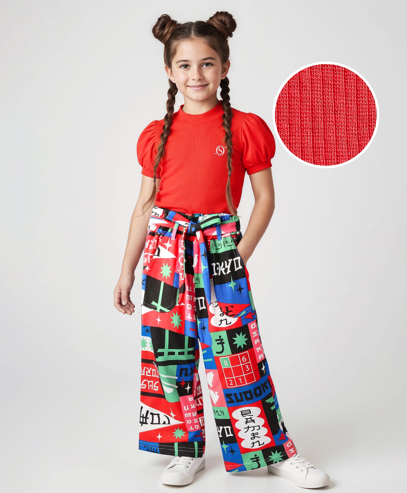 OLLINGTON ST. Cotton Half Puffed Sleeves Top & Knit Joggers Set with Belt - Red & Multicolor-picture-22