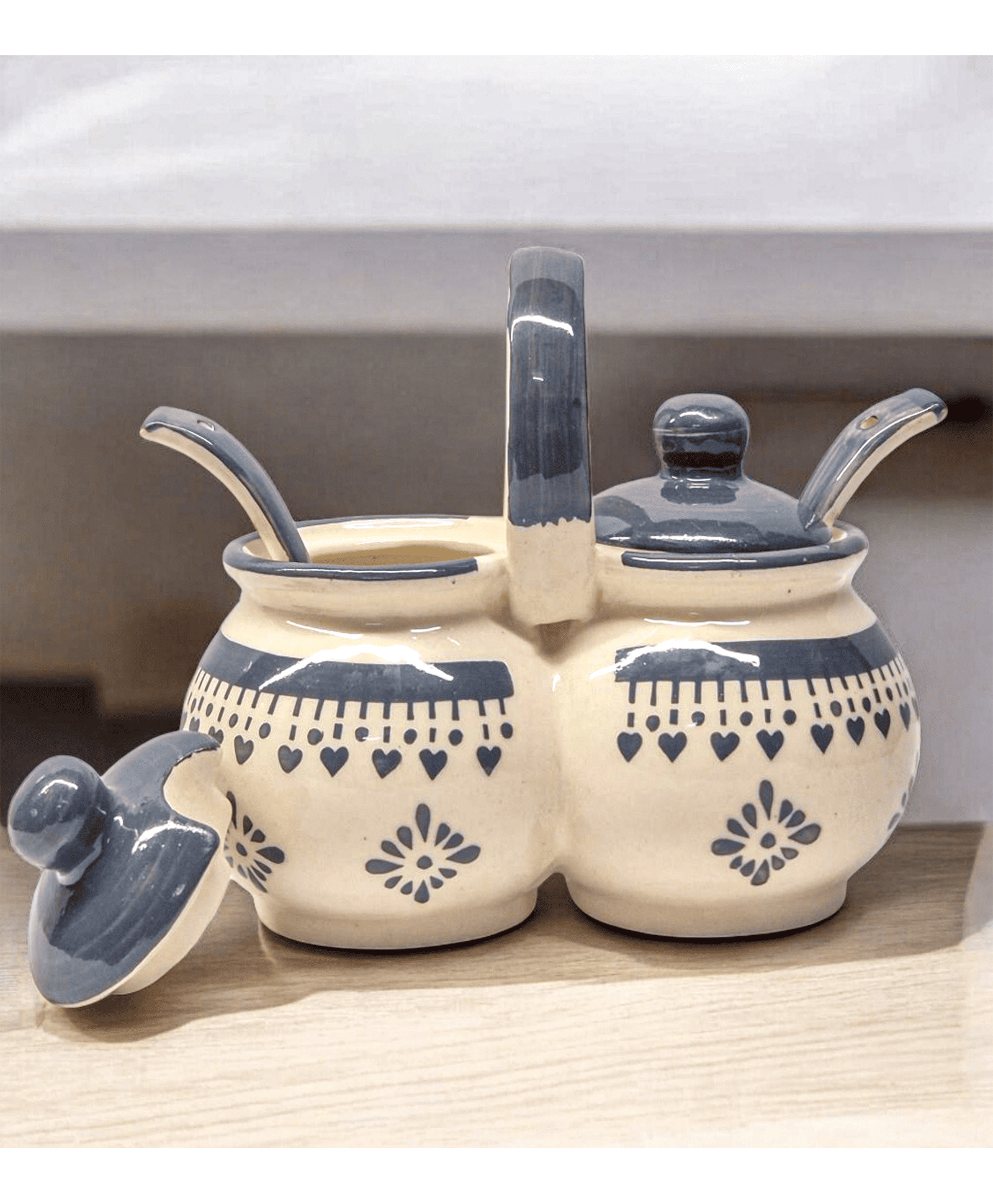 VOIDROP Traditional Ceramic Spice Jar Condiment Set 200 ml with Lids, Handles & Spoons (Grey)-image-5