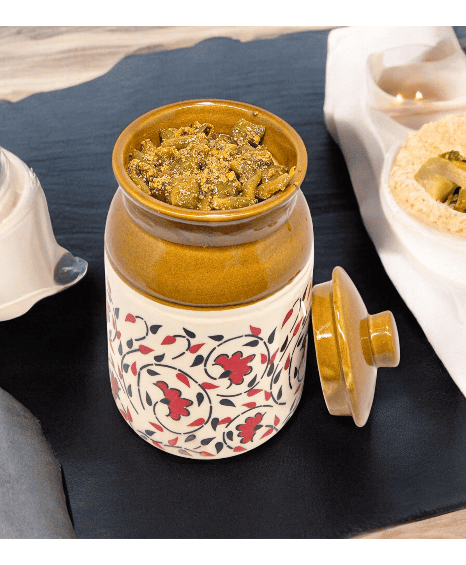 VOIDROP Red Printed Ceramic Barni Jar - Handmade Storage Containers with Lid, Ceramic Pickle Jar 1 L.-image-8