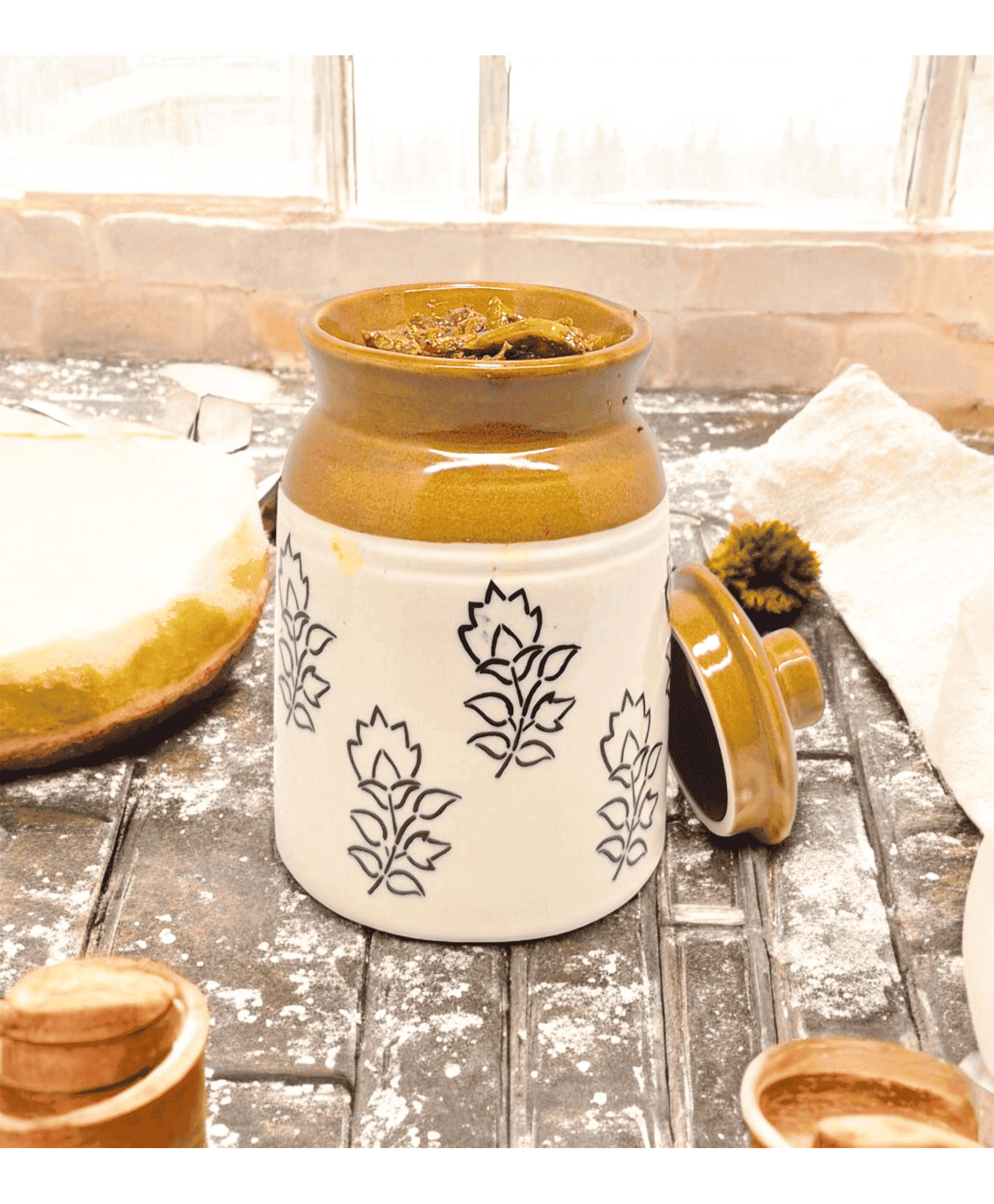 VOIDROP Blue Printed Ceramic Barni Jar - Handmade Storage Containers with Lid, Ceramic Pickle Jar 1 L.-picture-22