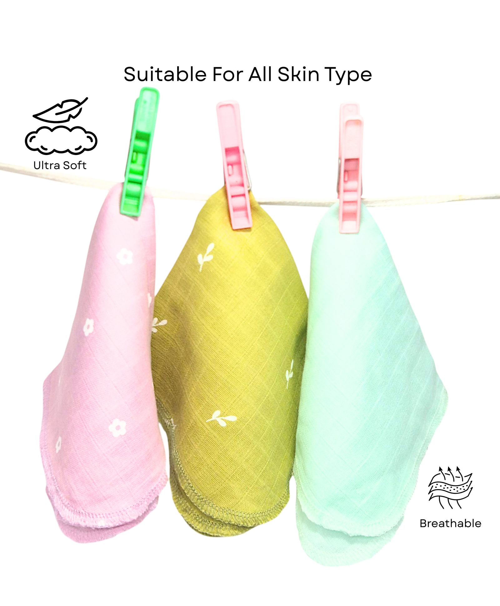 VOIDROP Highly Absorbent Bamboo Muslin Soft Touch Baby Washcloth Set 3 Pack (Multi Colored)-image-35