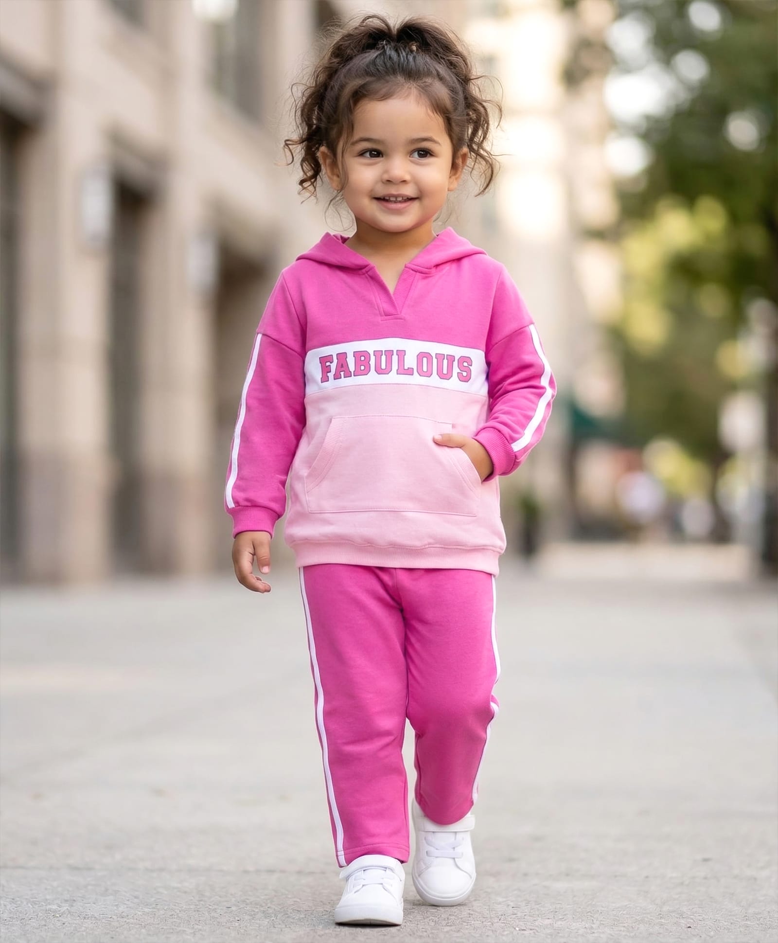 Babyhug Terry Knit Full Sleeves Hooded Top and Lounge Pant Set with Kangaroo Pockets & Fabulous Text Print - Pink-image-27