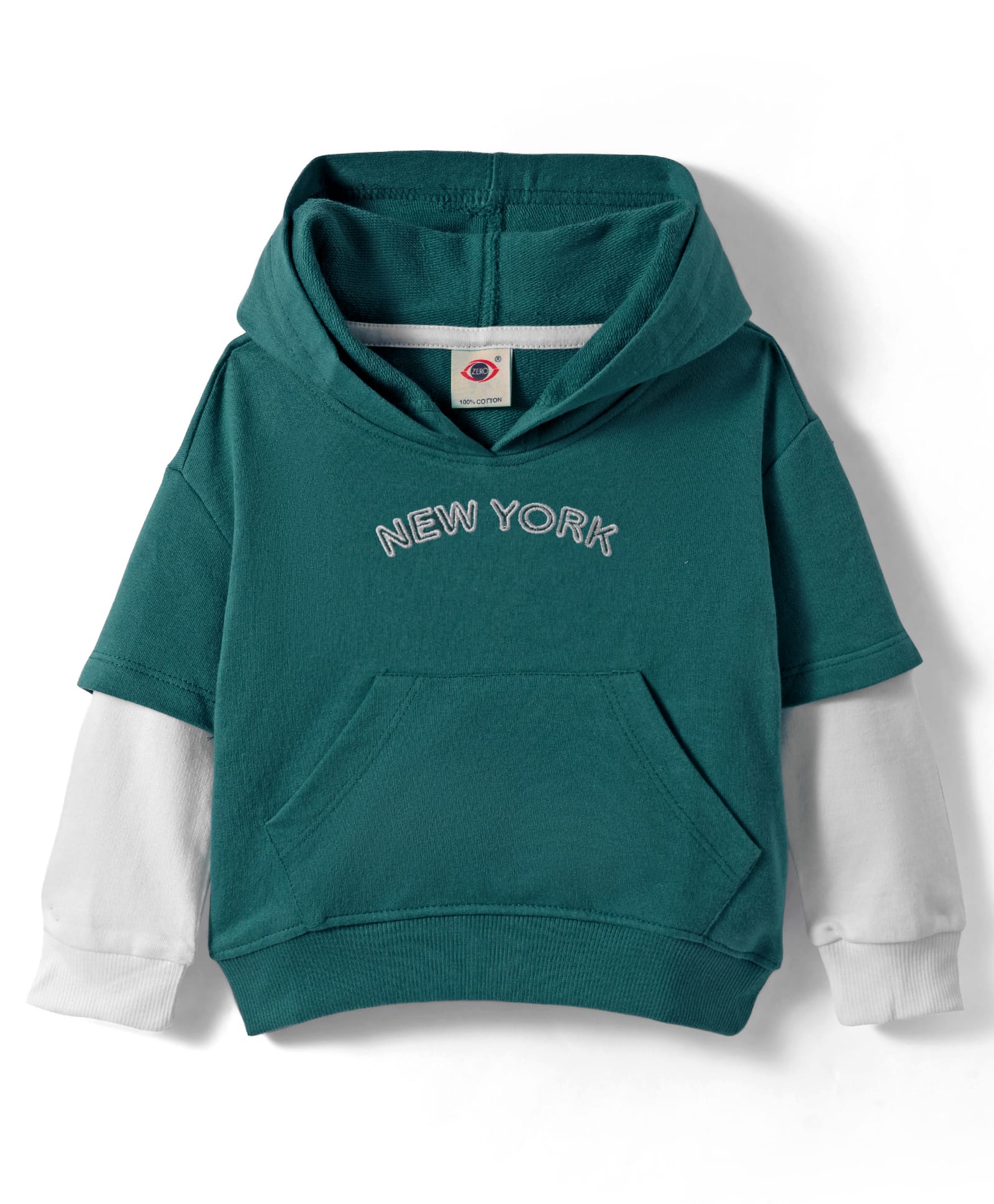 Zero Looper Knit Full Doctore Sleeves Drop Shoulder Hooded Sweatshirt with New York Embroidery & Kangaroo Pocket - Dark Green & Grey-image-35