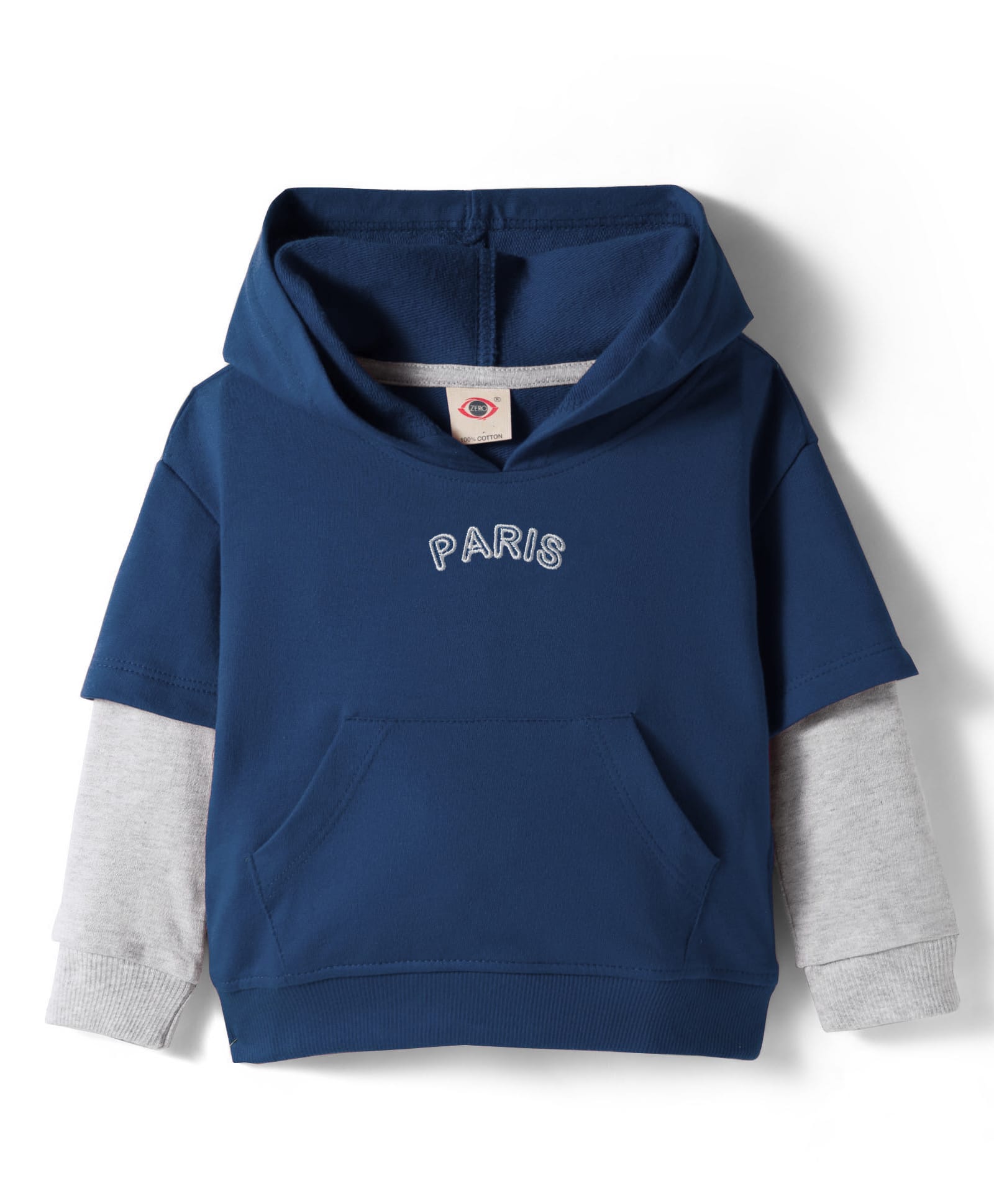 Zero Looper Knit Full Doctor Sleeves Drop Shoulder Hooded Sweatshirt with New York Embroidery & Kangaroo Pocket - Navy Blue & Grey-image-38