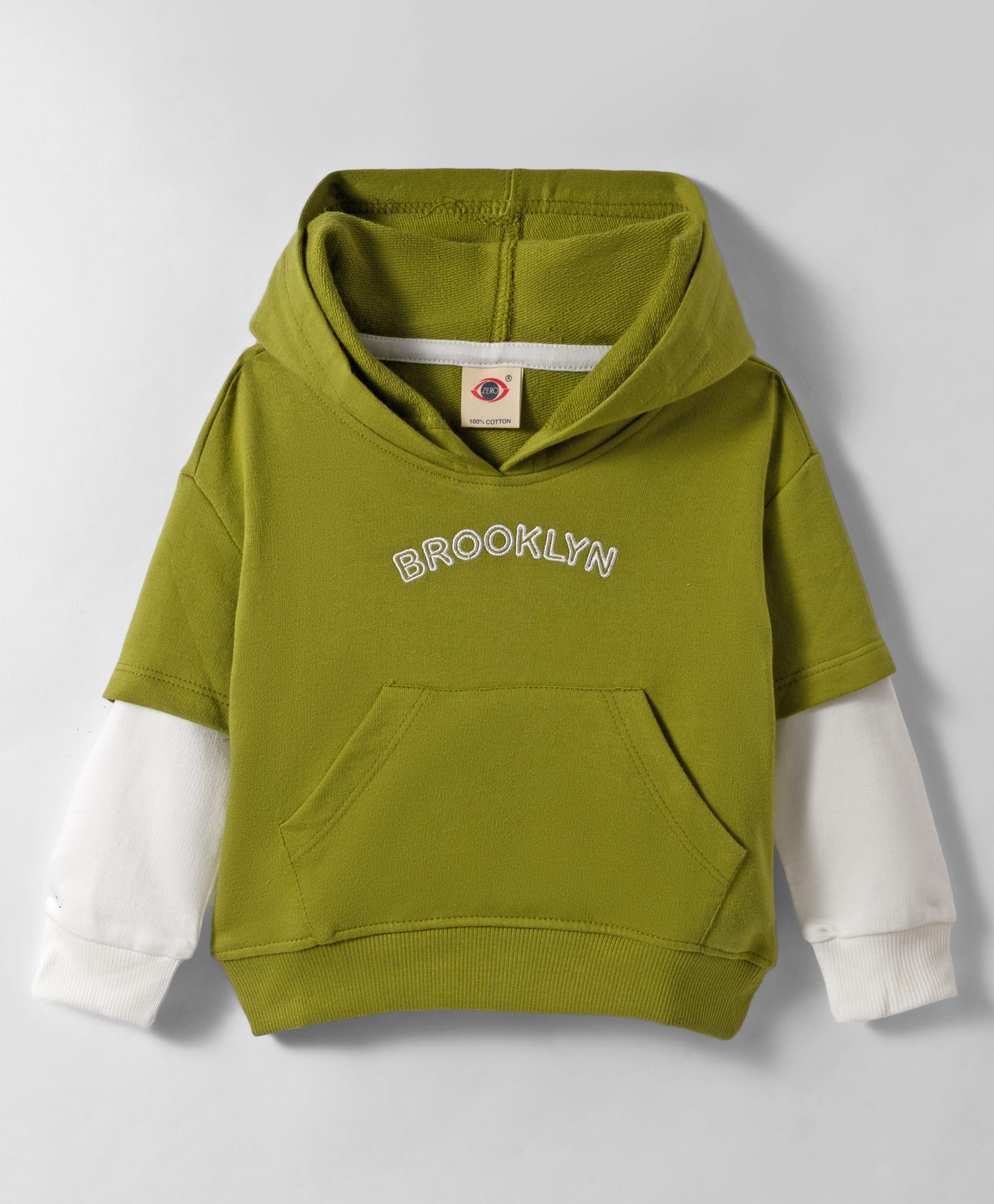 Zero Looper Knit Full Doctor Sleeves Hooded Sweatshirt With Brooklyn Emrboidery & Kangaroo Pockets - Green-image-33