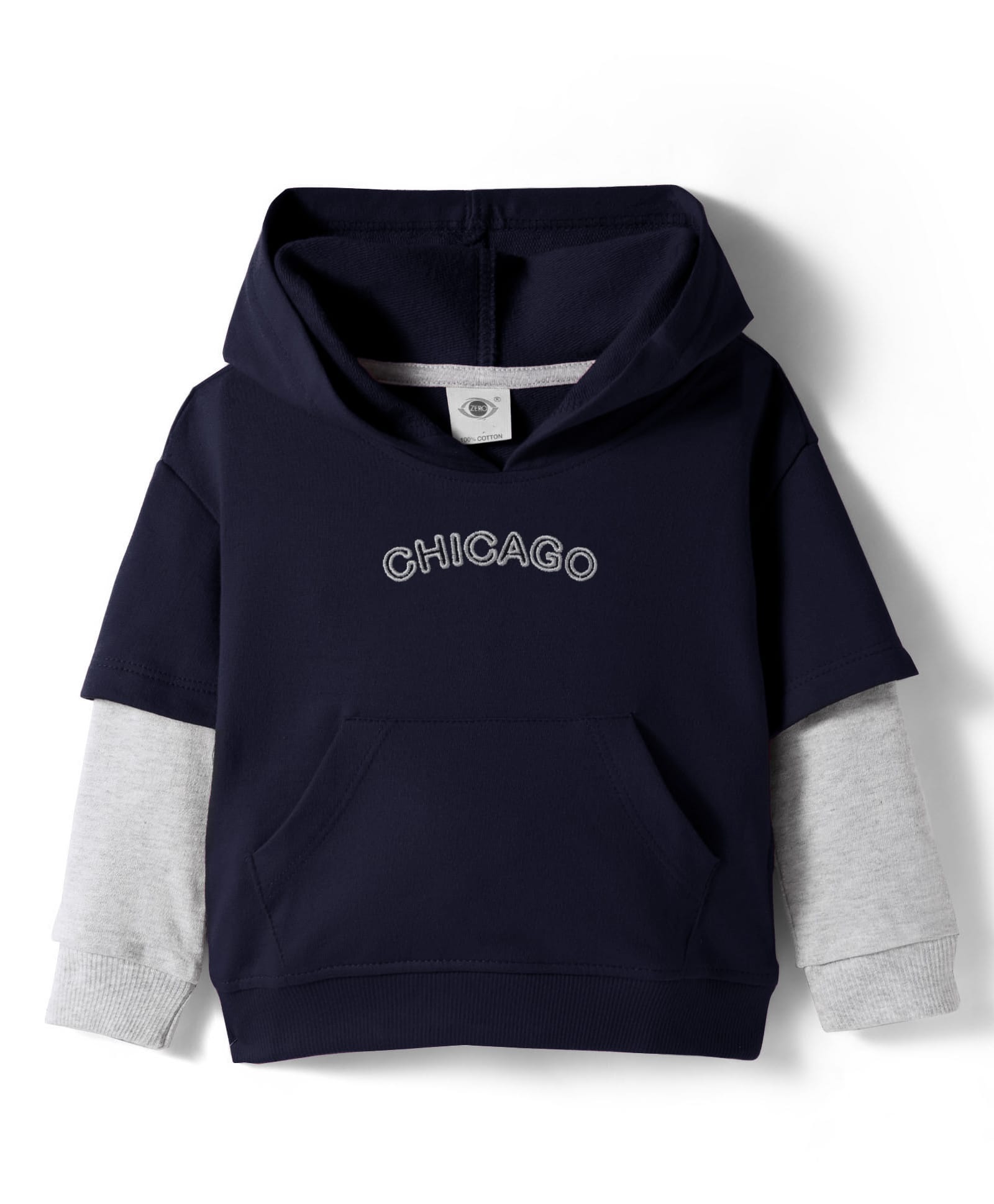 Zero Looper Knit Full Doctor Sleeves Drop Shoulder Hooded Sweatshirt with Chicago Embroidery & Kangaroo Pocket - Navy Blue & Grey-picture-26