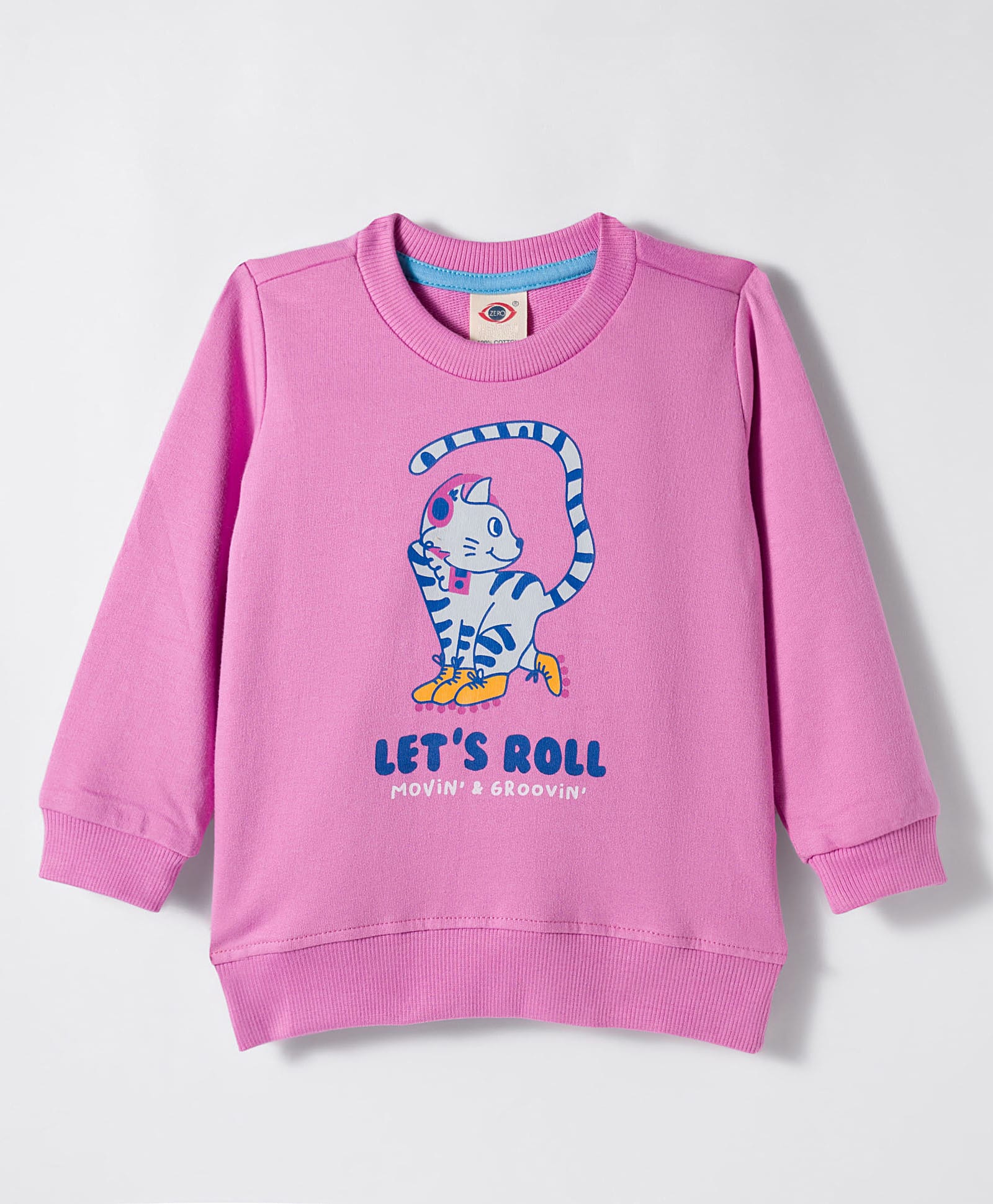 Zero Looper Knit Full Sleeves Sweatshirt with Lets Roll Moving & Grooving Kitty Print - Pink-image-48