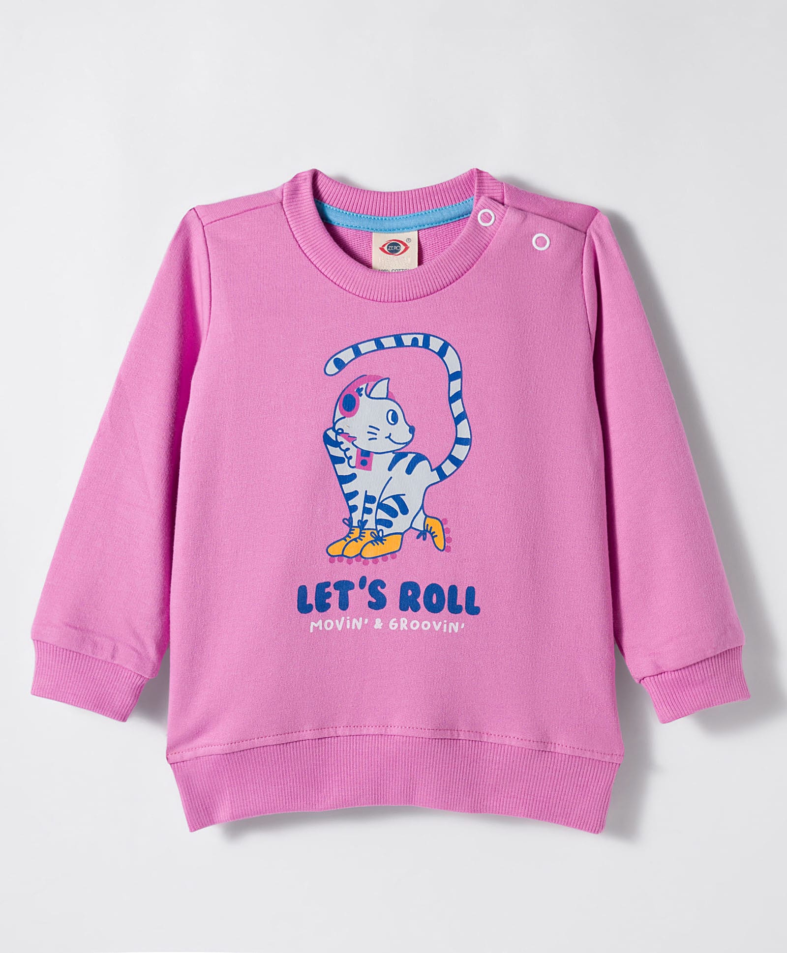 Zero Looper Knit Full Sleeves Sweatshirt with Lets Roll Moving & Grooving Kitty Print - Pink-image-11