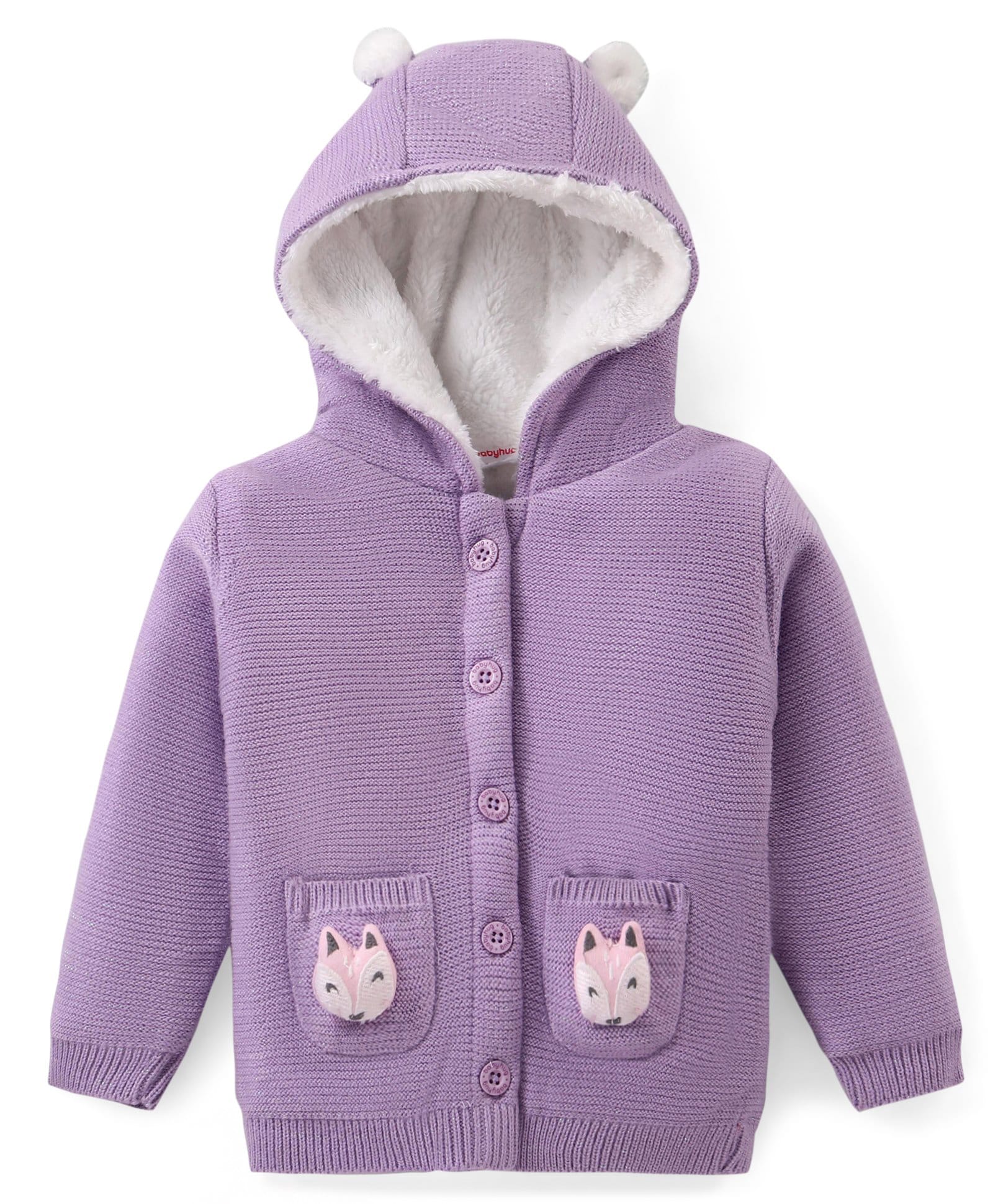 Babyhug Knit Full Sleeves Front Open Hooded Sweater with Fox Applique & Pocket Detailing - Lavender-image-36