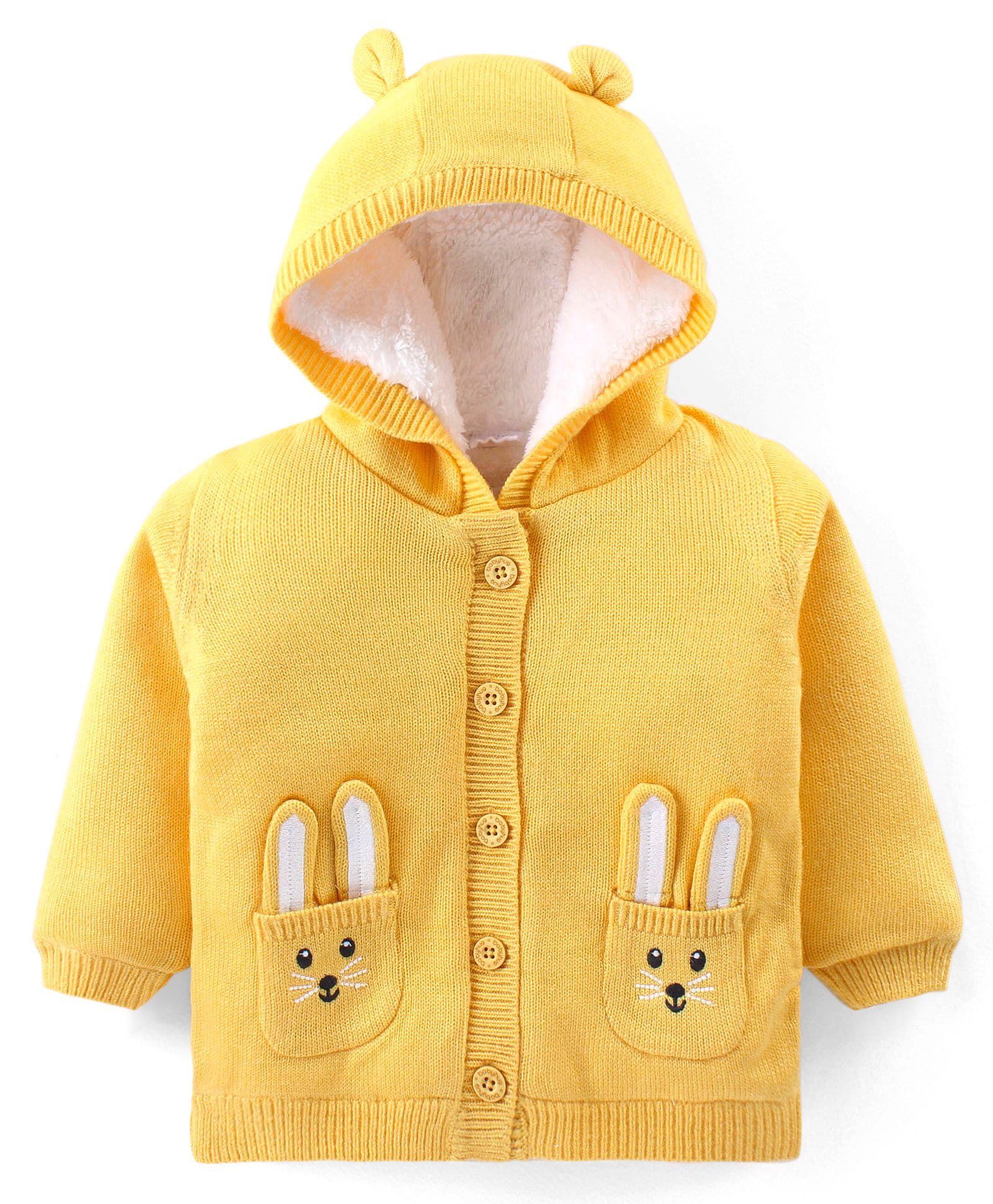 Babyhug Knitted Full Sleeves Hooded Front Open Sweater With Bunny Embroidery - Yellow-image-44
