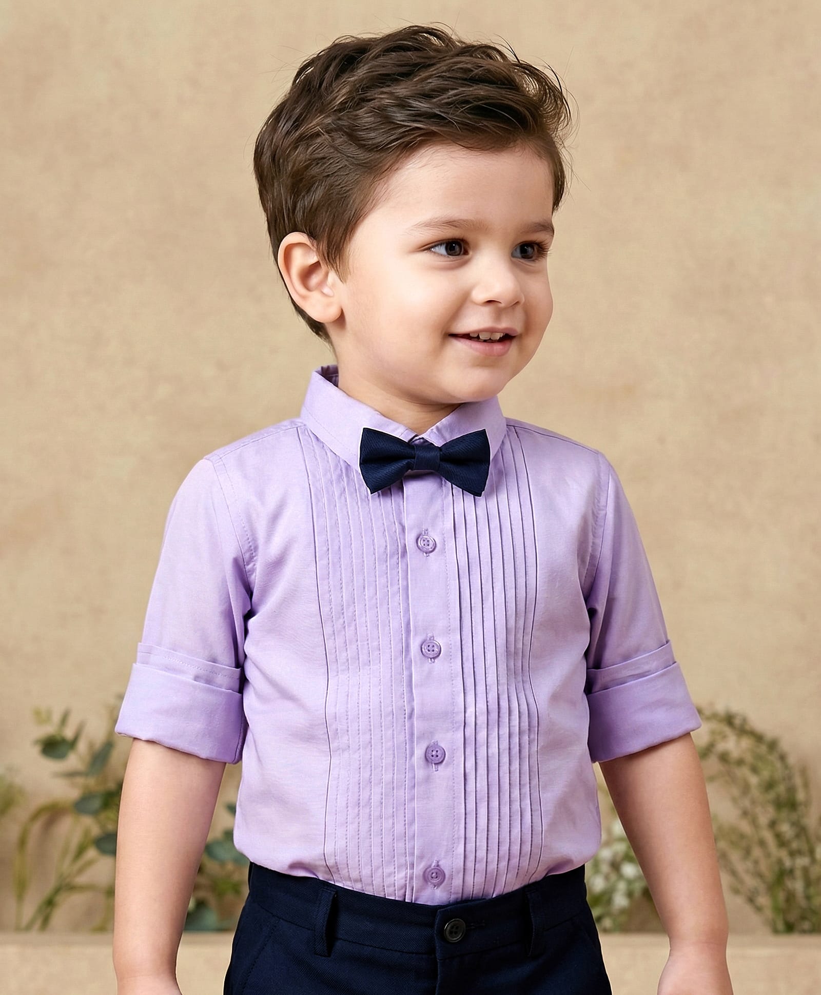 Babyhug Oxford Cotton Woven Full Sleeves Solid Color Pintuck Party Shirt with Bow - Lavender-image-2