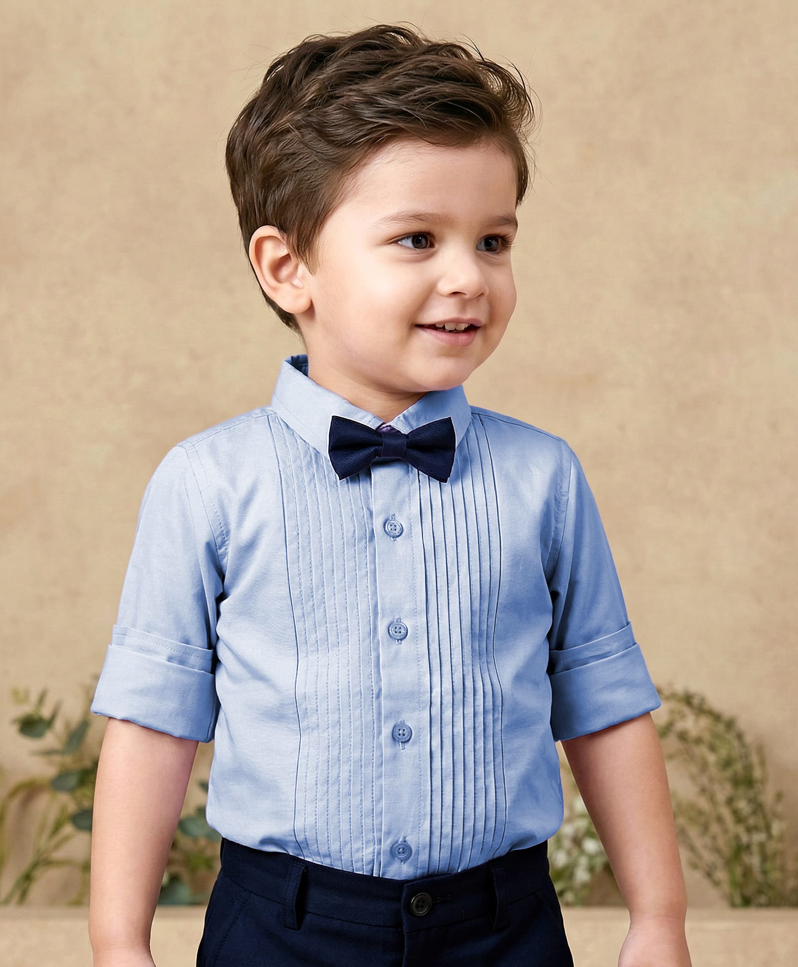 Babyhug Cotton Woven Full Sleeves Partywear Solid Oxford Pintuck Shirt With Bow - Light Blue-image-14